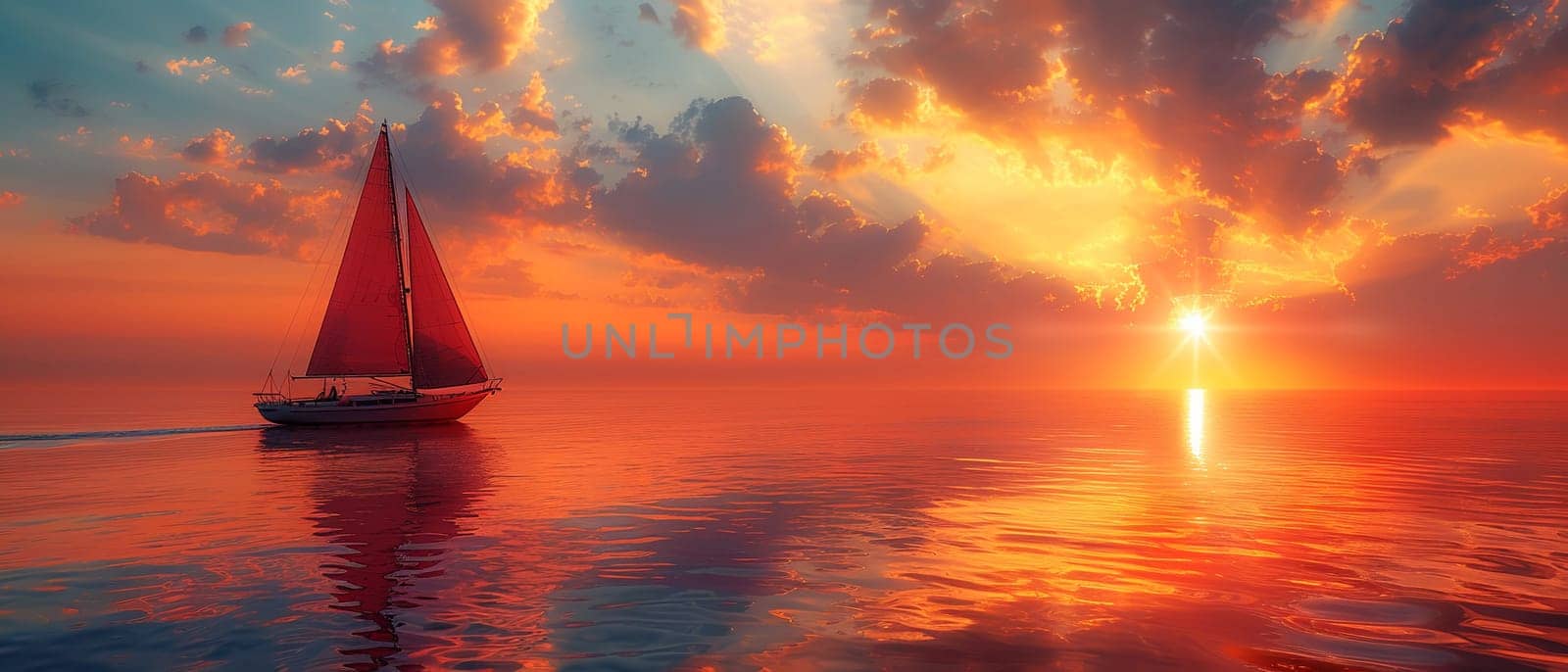 A lone sailboat on a vast ocean at sunset by Benzoix