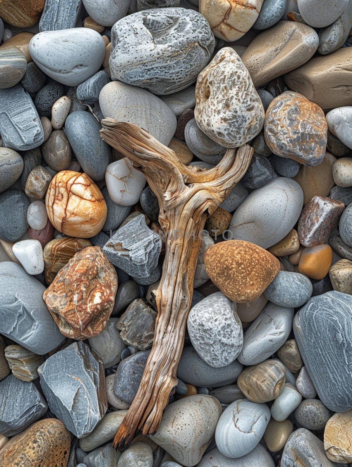 The contrasting textures of smooth pebbles and rough driftwood on a beach, showcasing natural diversity.