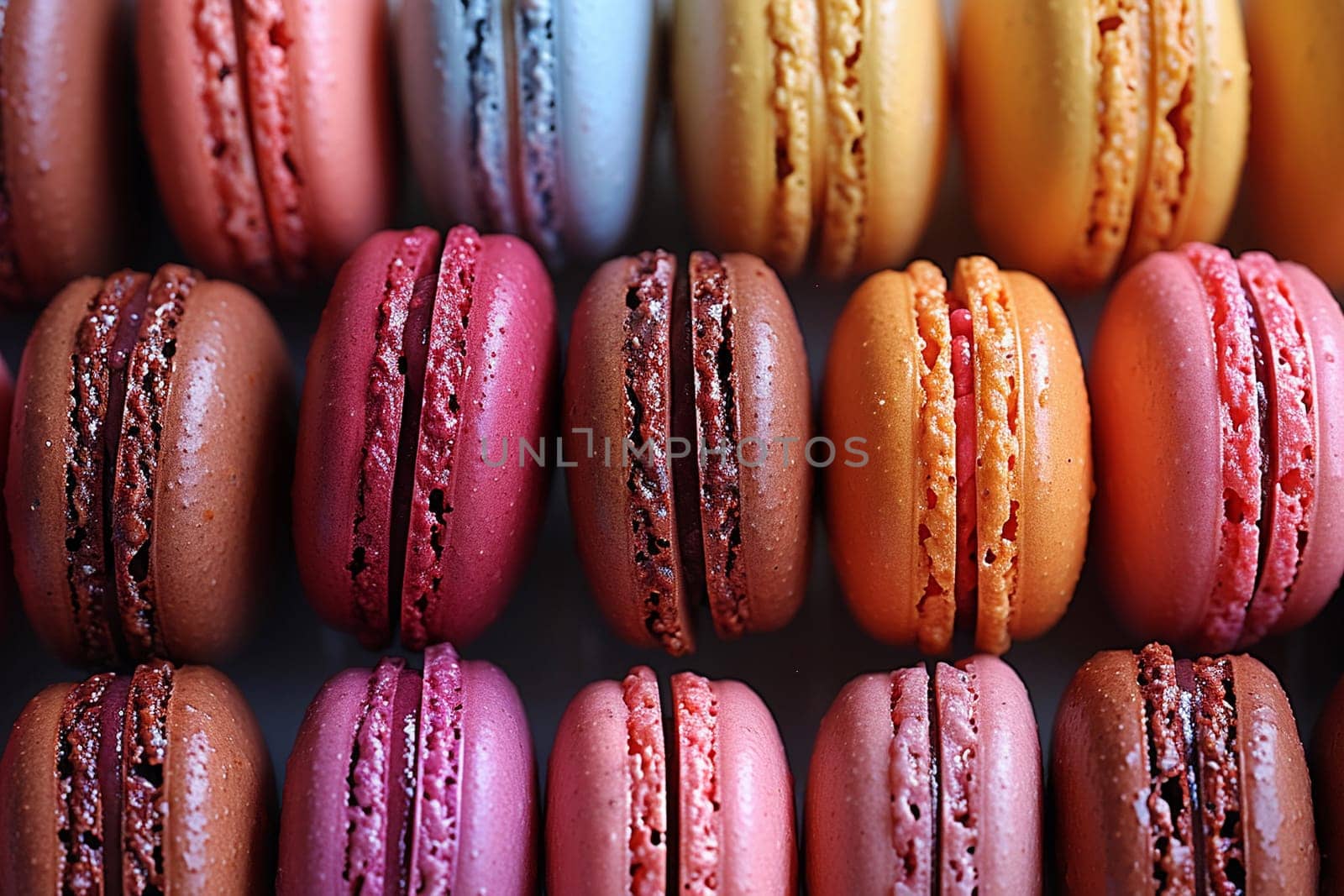 Close-up of colorful macarons arranged in a pattern by Benzoix