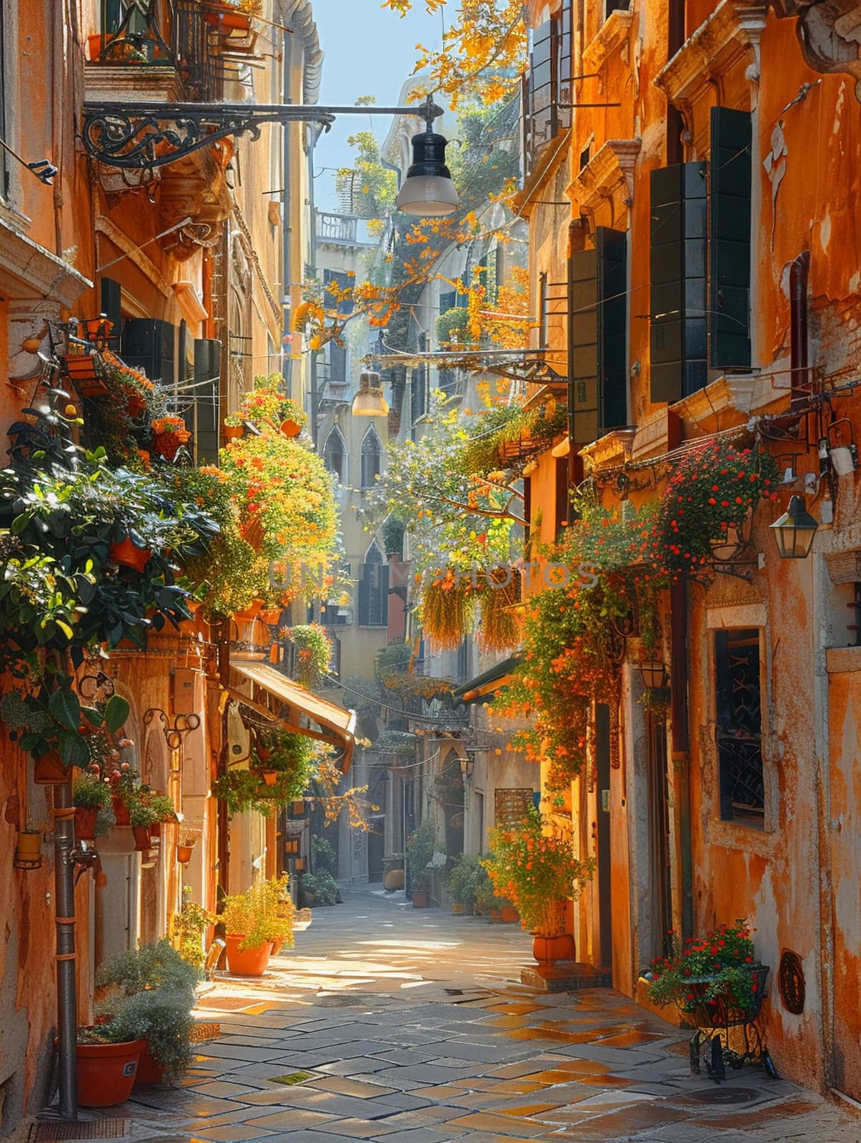 A narrow alley bathed in warm sunlight flanked by historic buildings by Benzoix