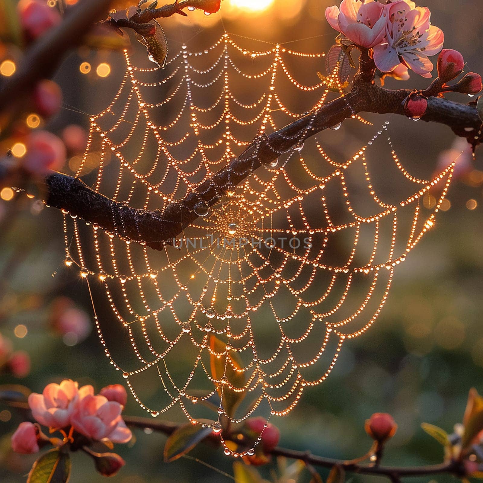 A dew-covered spider web in the early morning light, symbolizing the interconnectedness of life.