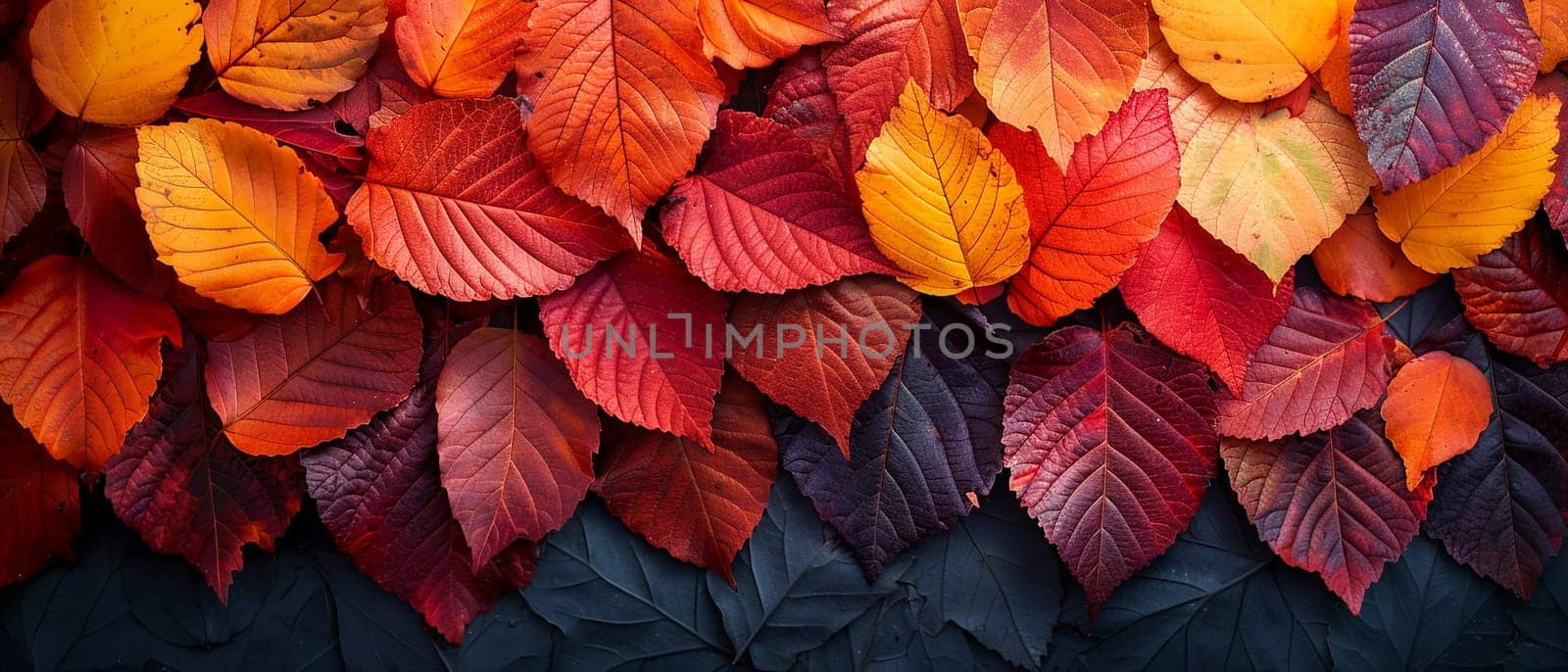 Brightly colored autumn leaves on forest floor by Benzoix