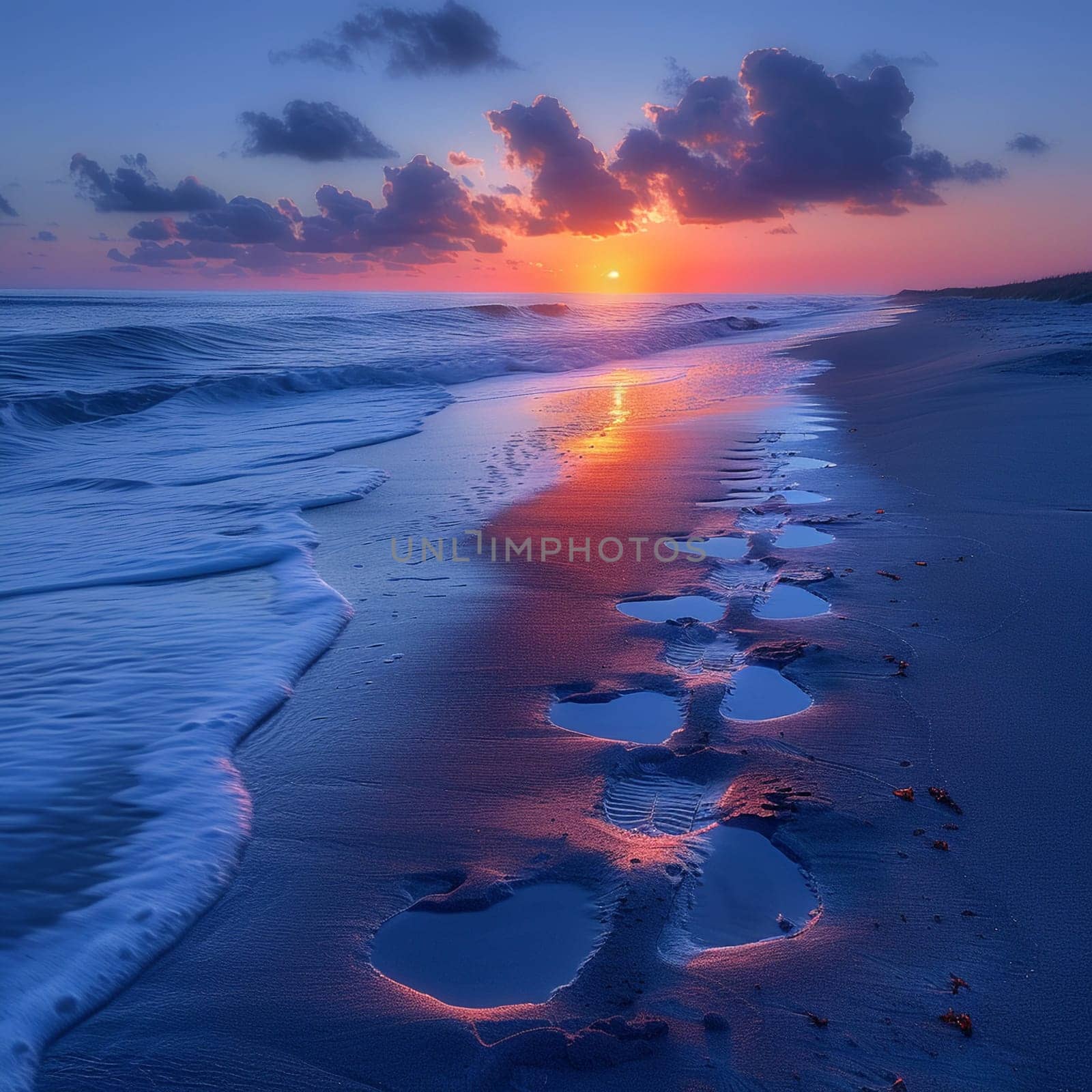 Gentle footprints in the sand leading towards the ocean, symbolizing journey and exploration.