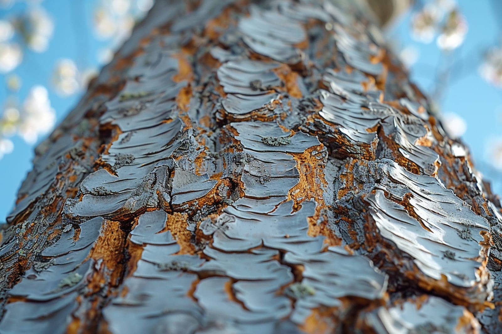 Blooming cherry blossoms against blue sky ideal for spring and floral themes. Rough bark texture of an old tree by Benzoix