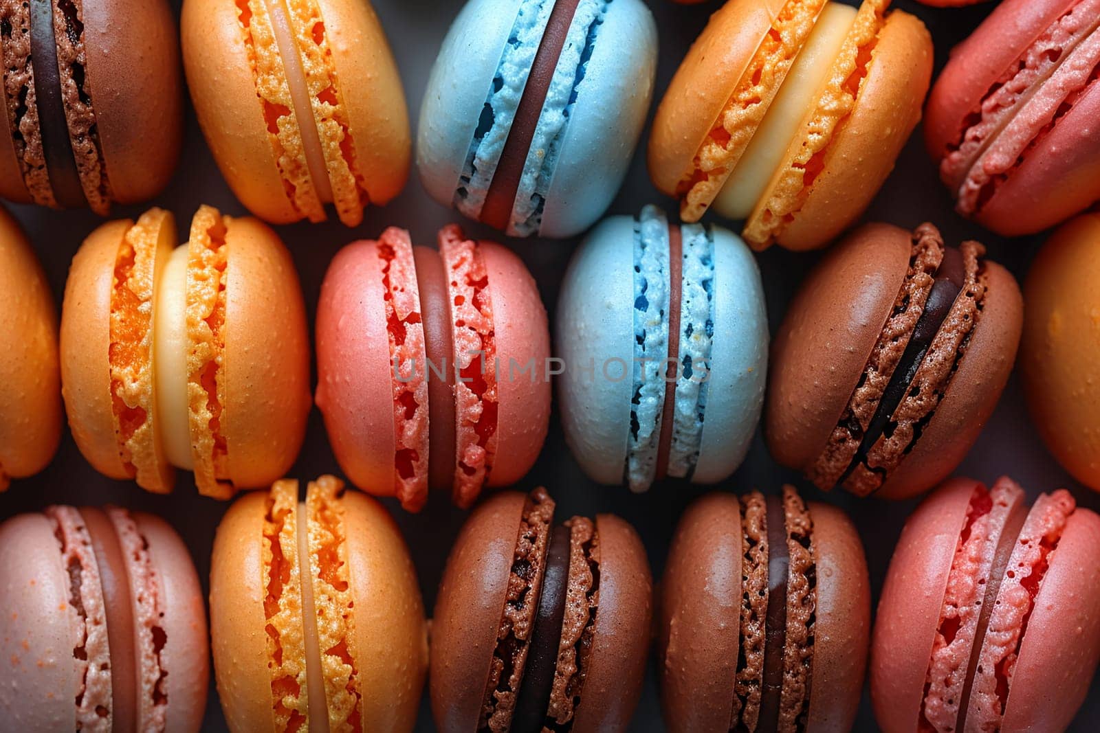 Close-up of colorful macarons arranged in a pattern by Benzoix