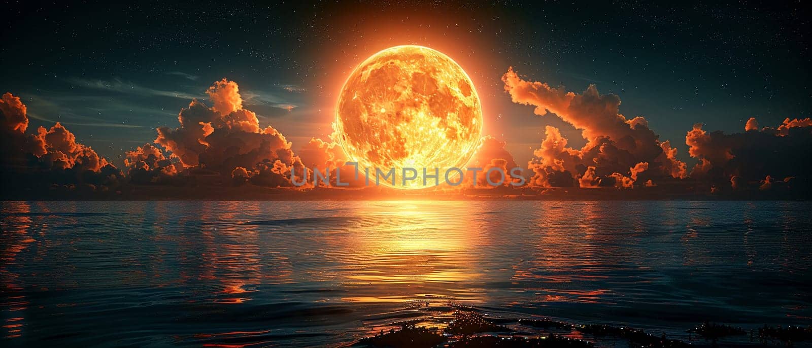 A full moon rising over a tranquil sea, evoking mystery and the beauty of the night.