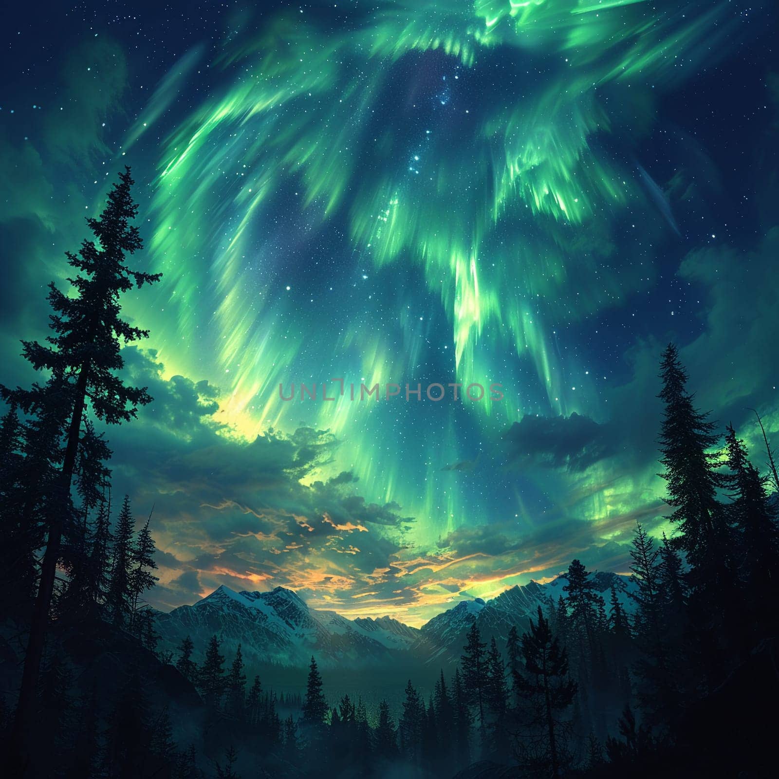 Aurora borealis illuminating the night sky, ideal for mystical and natural phenomena themes.