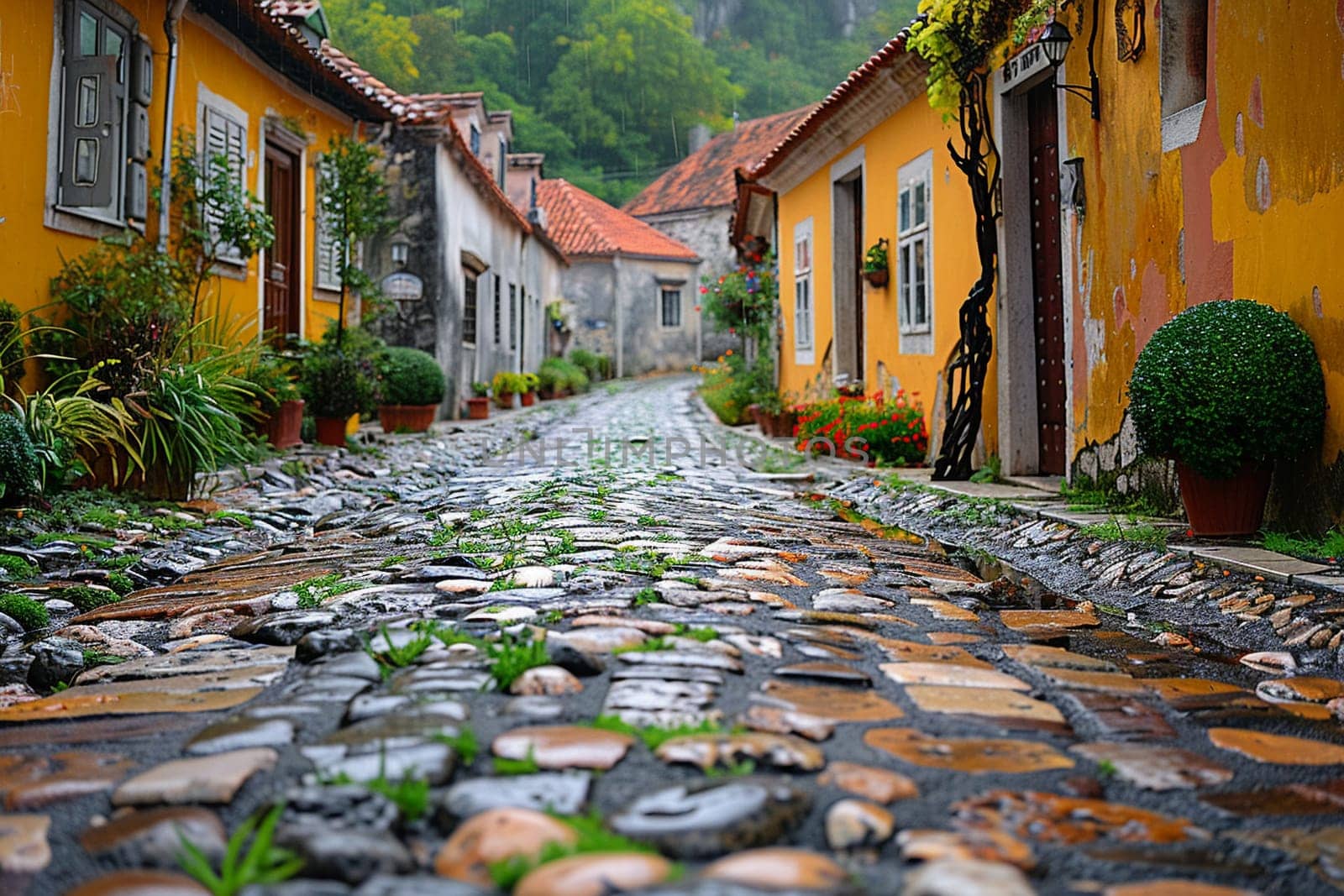 Worn cobblestone street in historic town by Benzoix