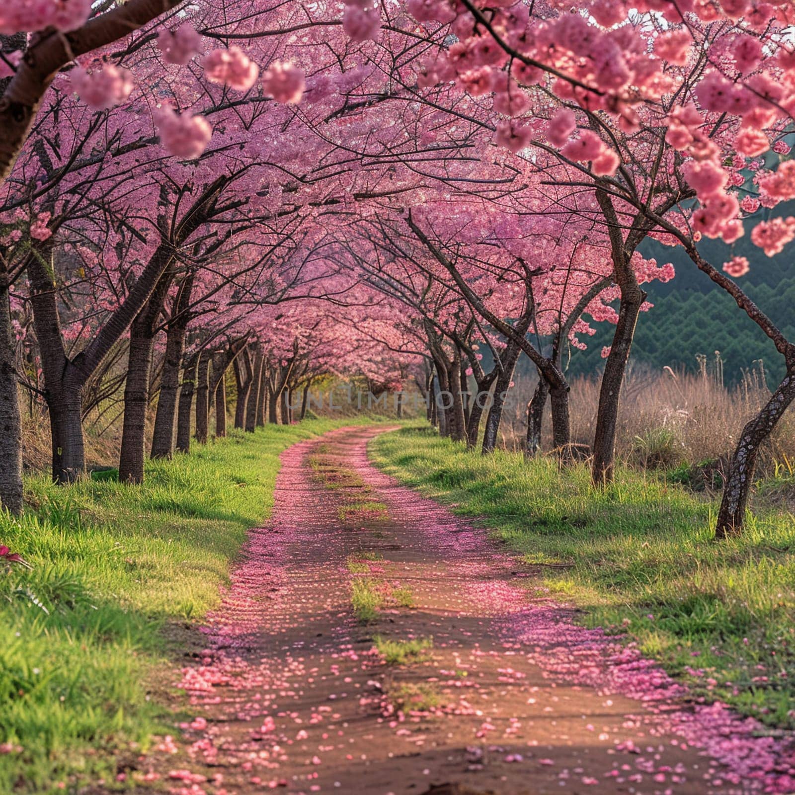 A path lined with cherry blossoms in full bloom by Benzoix