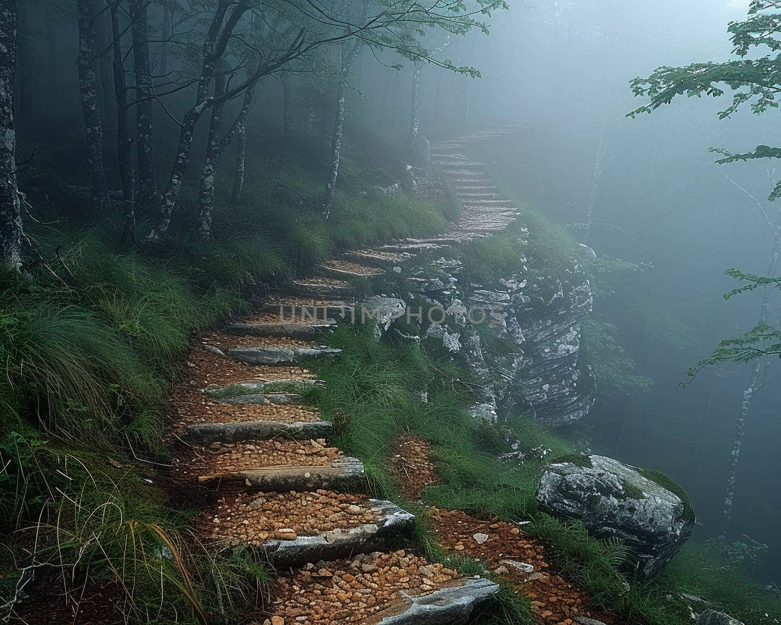 A pathway through a mystical foggy forest, inviting exploration and adventure.