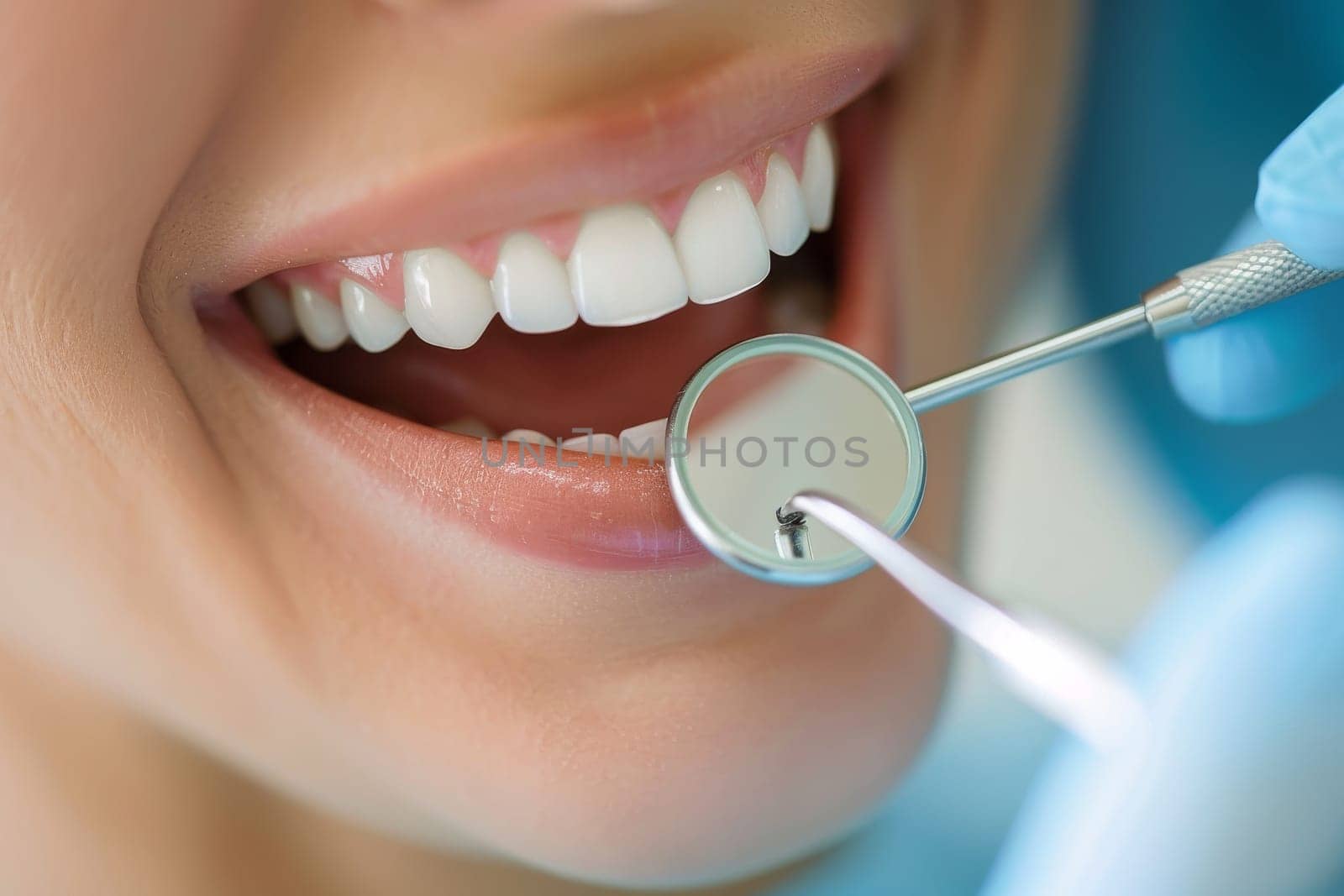 A woman is smiling and has her teeth cleaned by a dentist. Concept of trust and comfort between the patient and the dentist, as well as the importance of maintaining good oral hygiene