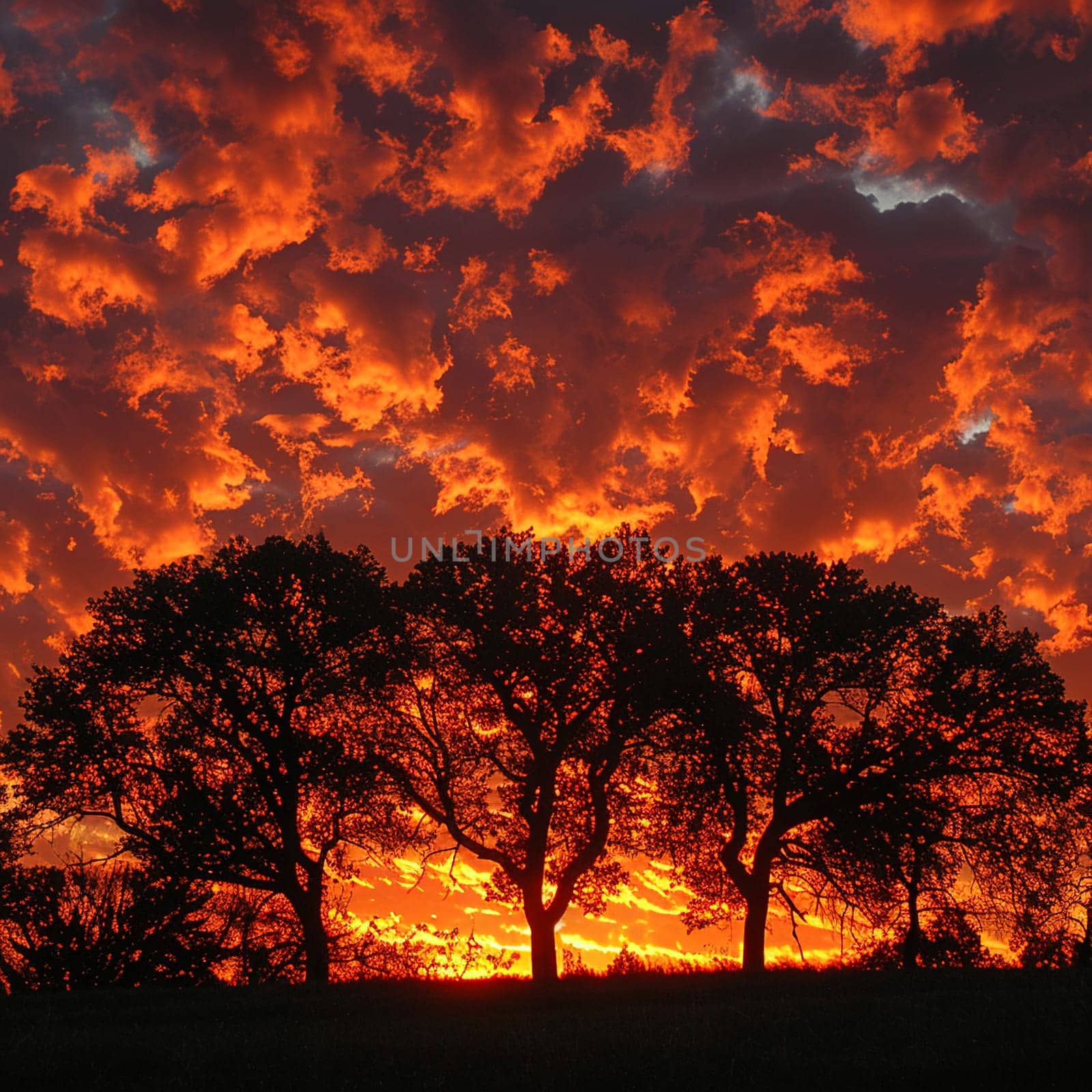 The fiery glow of a sunset behind a silhouette of trees, capturing the end of a day.