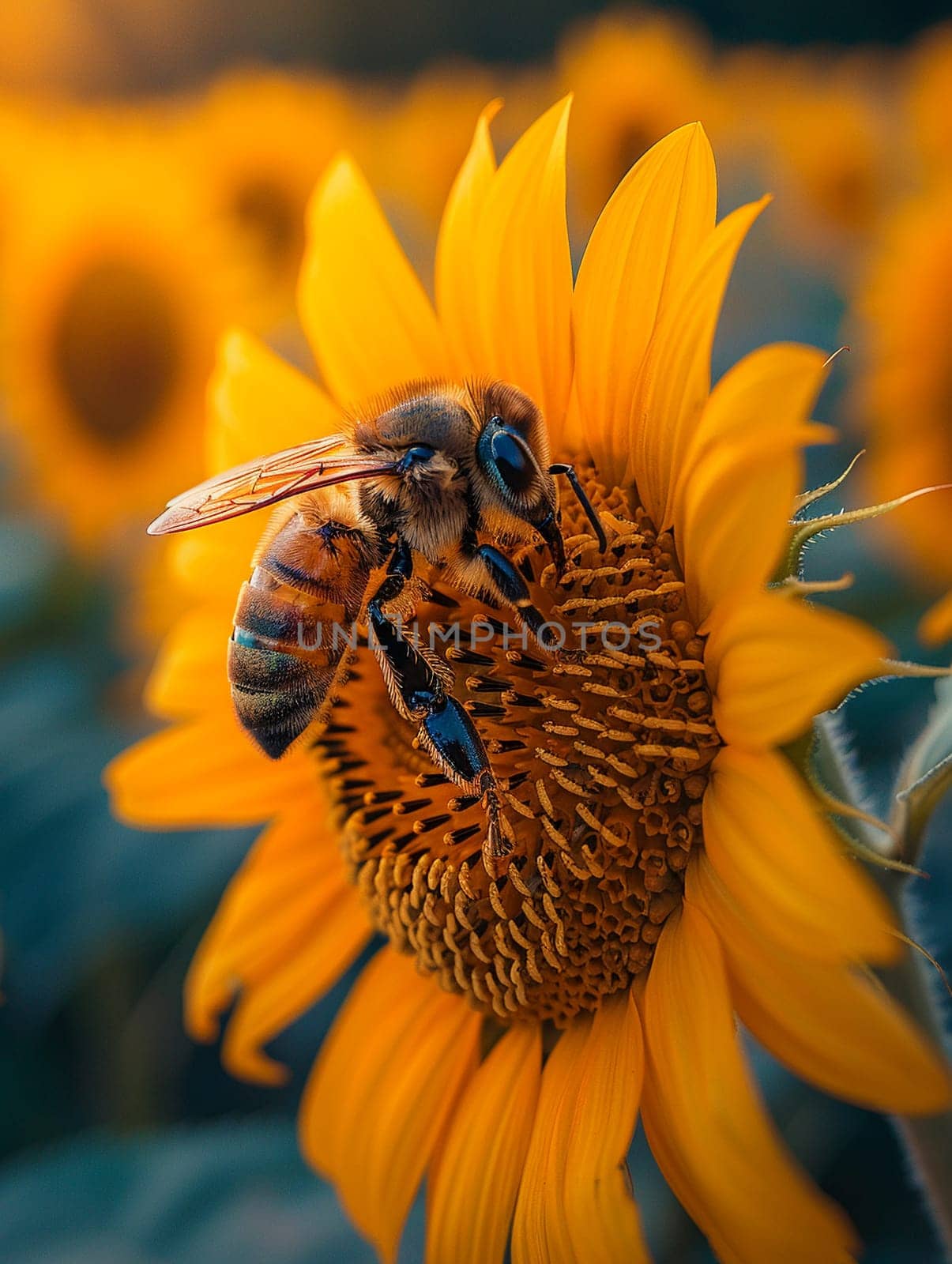 Close-up of a bee on a sunflower, representing nature, pollination, and summer themes.