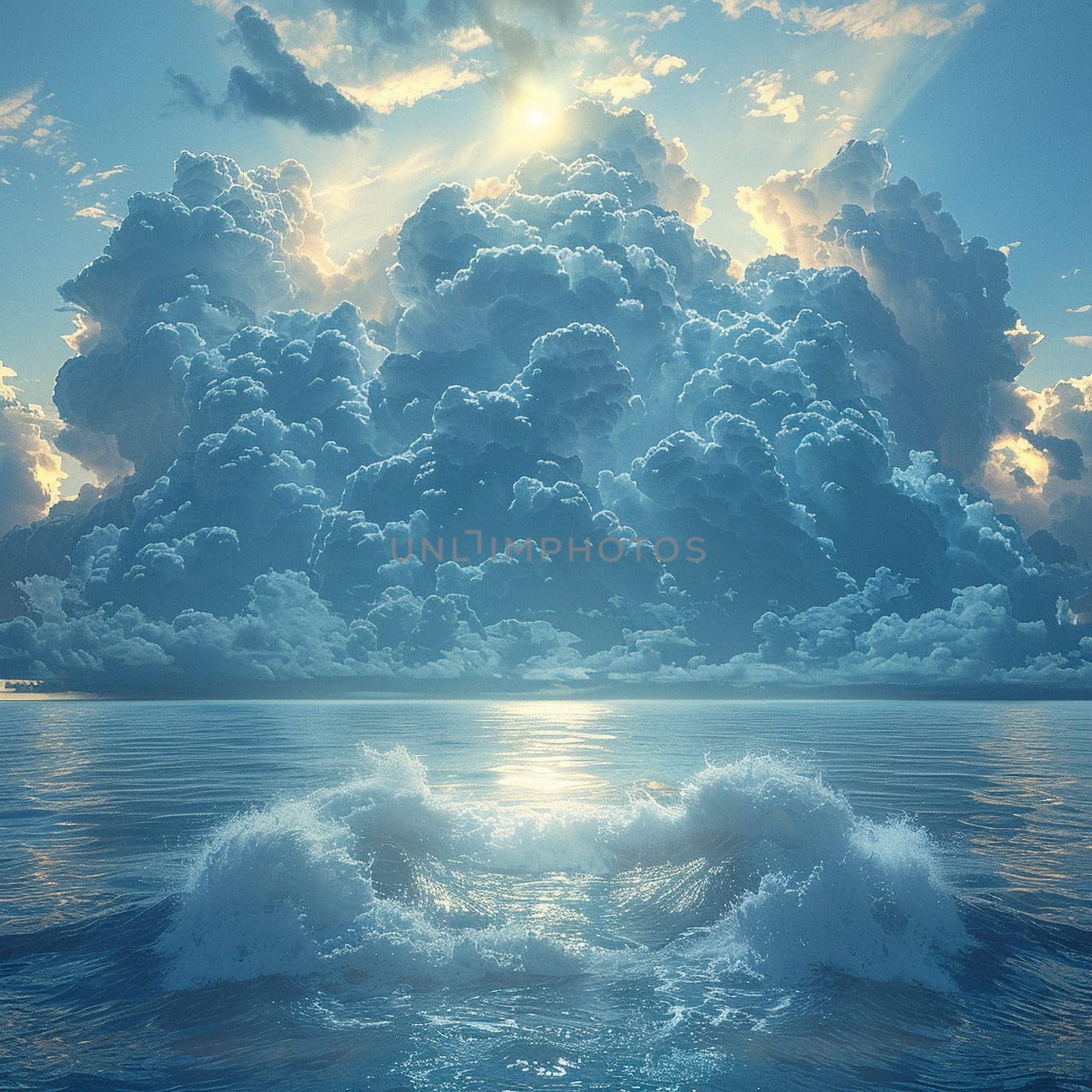 Dramatic cloud formations looming over a calm sea, illustrating the power and beauty of nature.