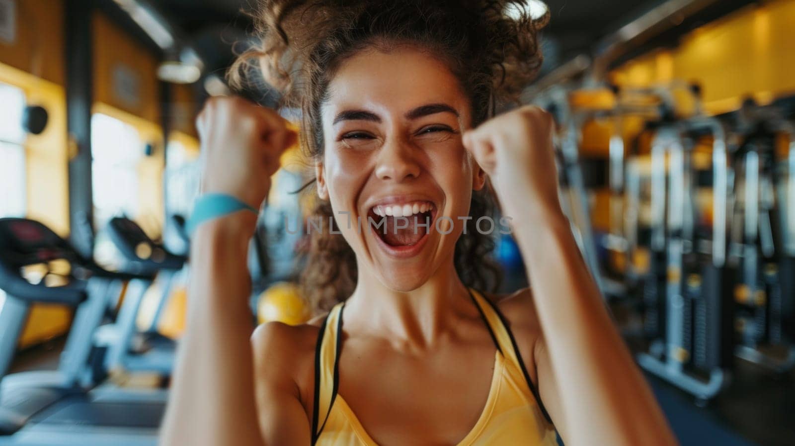 Portrait of a successful woman excited in gym.