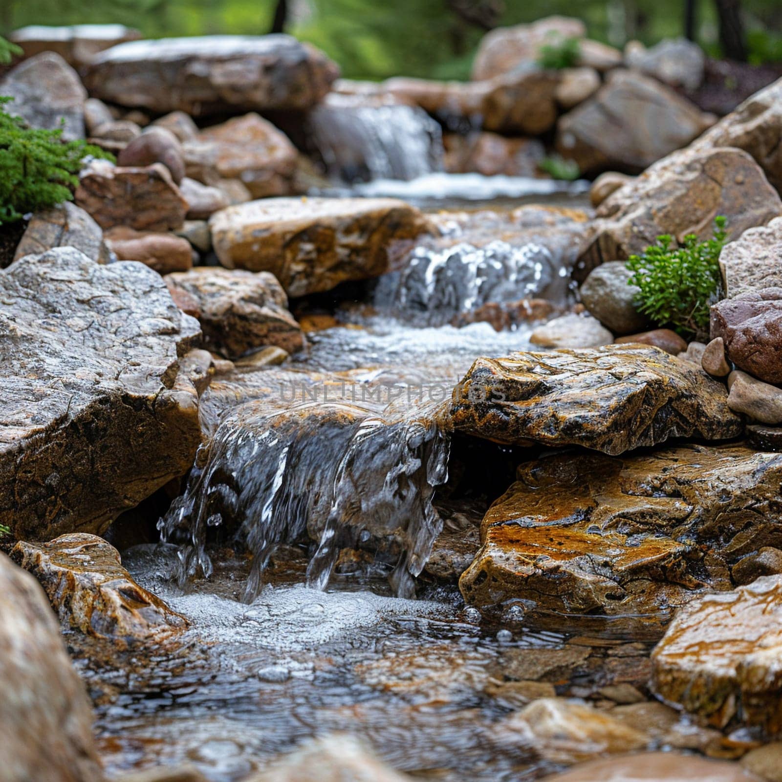 Bubbling brook over smooth stones, ideal for serene and calming design themes.