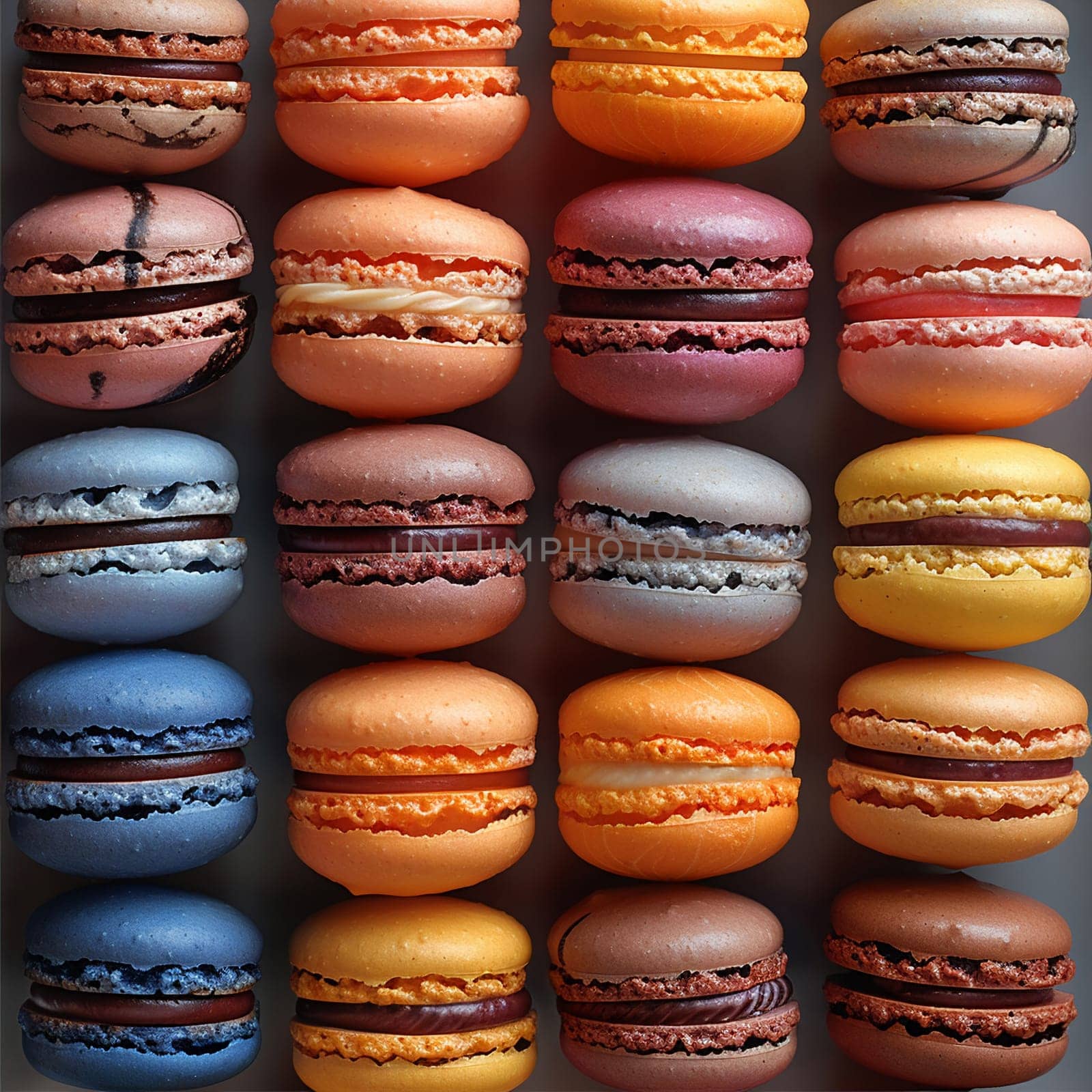 Close-up of colorful macarons arranged in a pattern by Benzoix