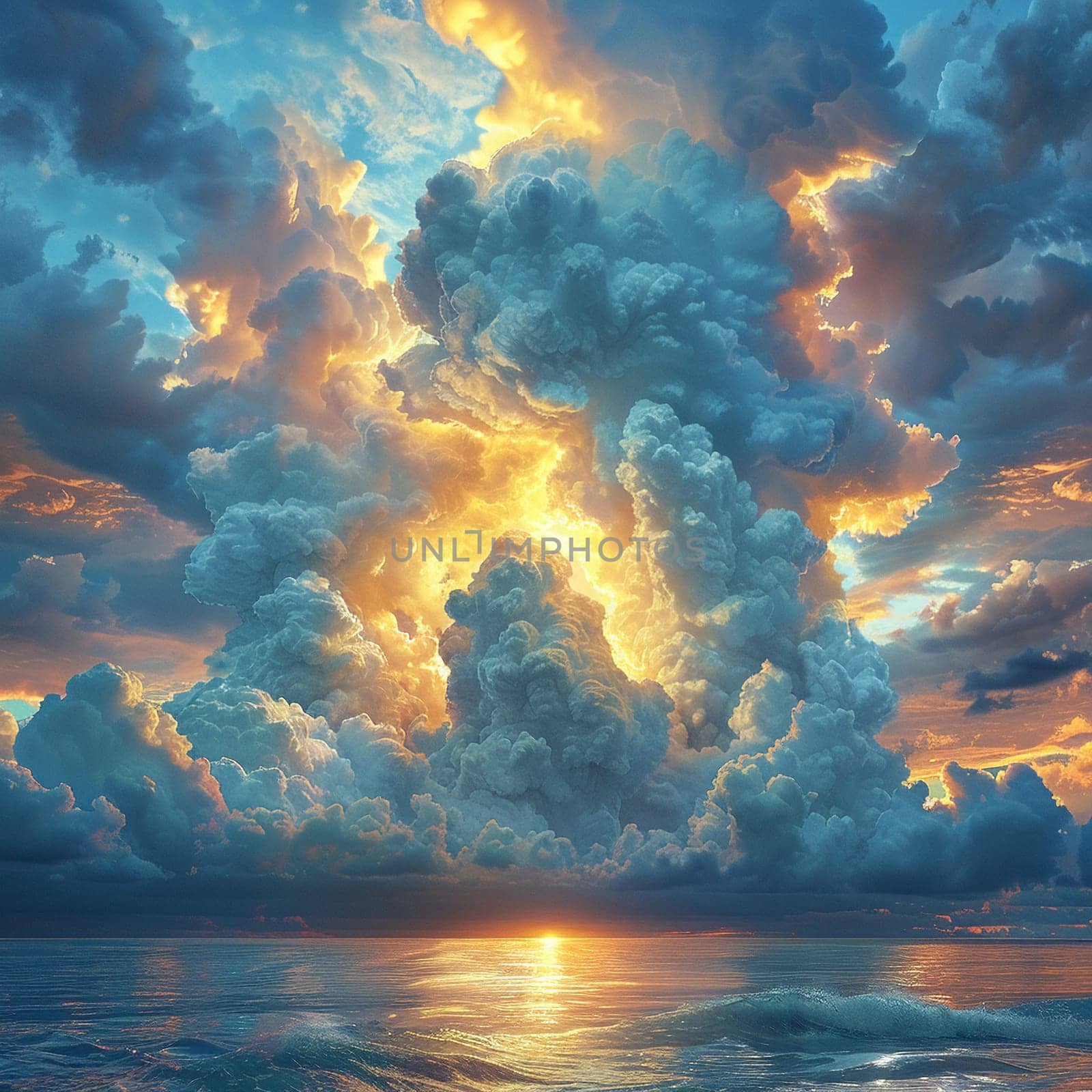 Dramatic cloud formations looming over a calm sea, illustrating the power and beauty of nature.