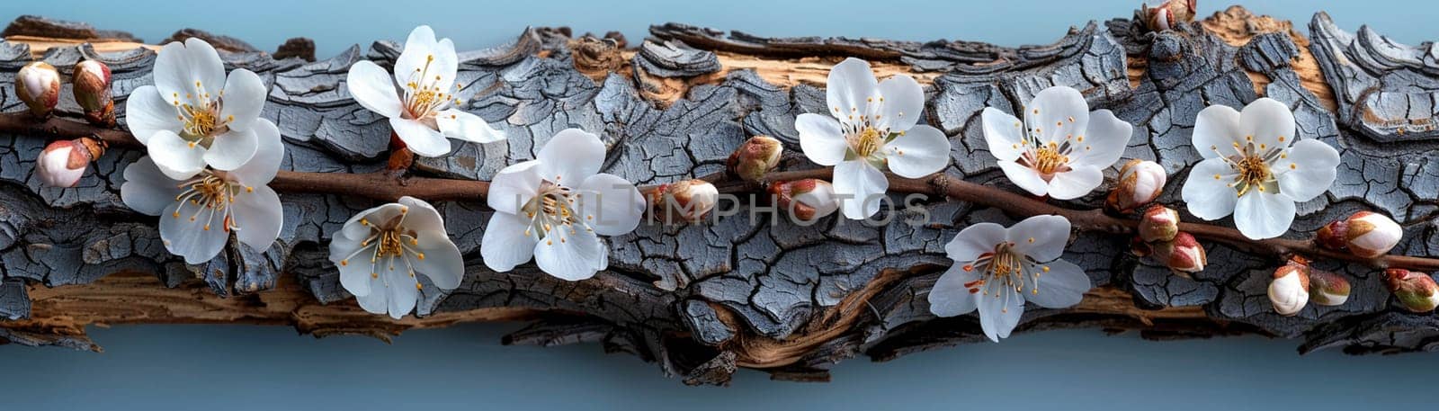 Blooming cherry blossoms against blue sky, ideal for spring and floral themes. Rough bark texture of an old tree, great for nature and rustic designs.