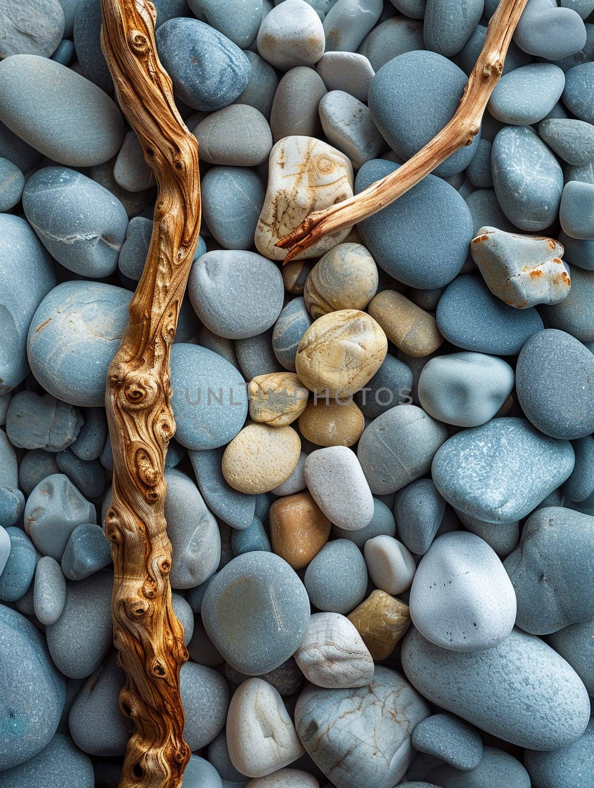 The contrasting textures of smooth pebbles and rough driftwood on a beach by Benzoix