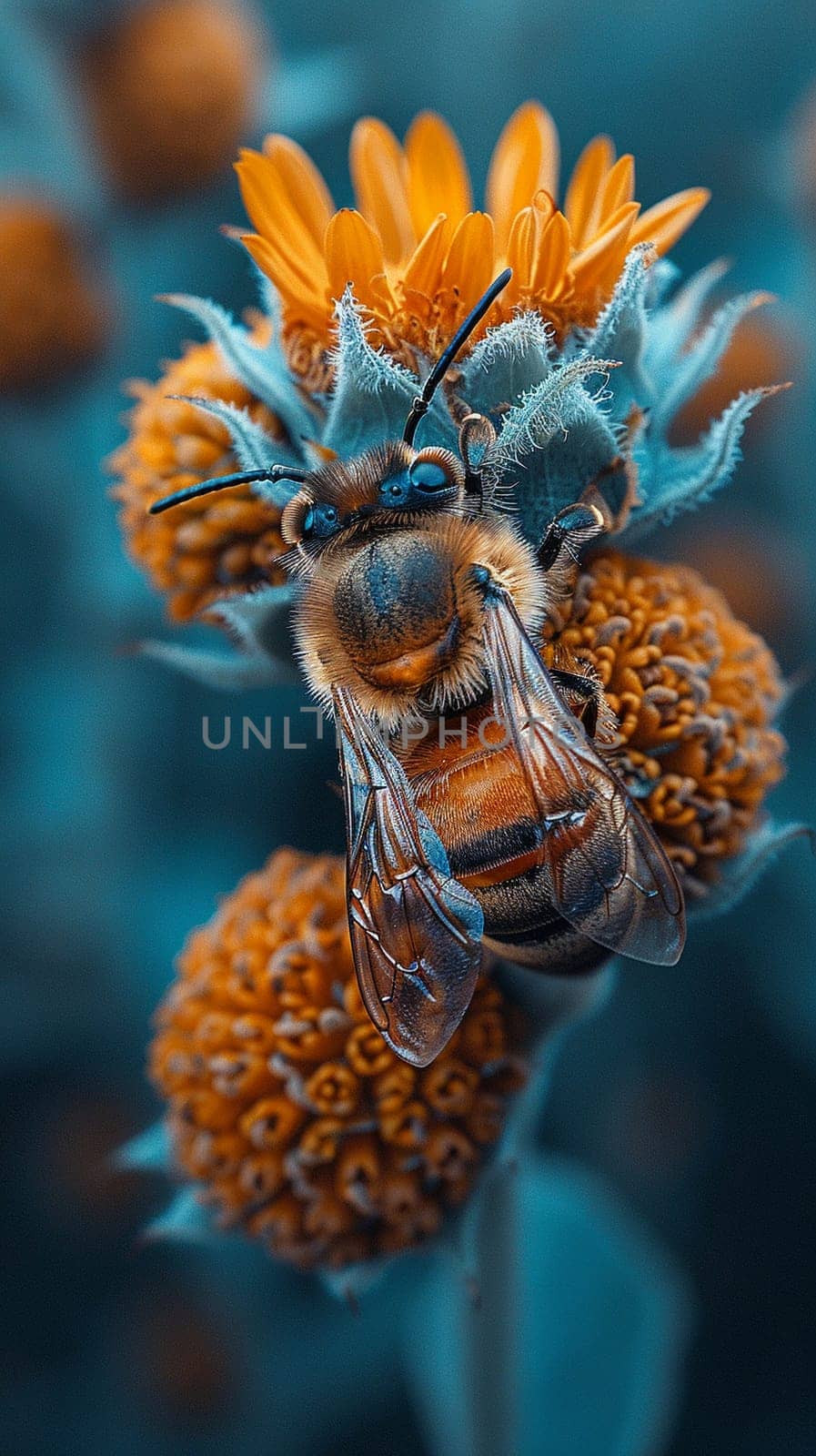 Close-up of a bee on a sunflower representing nature by Benzoix