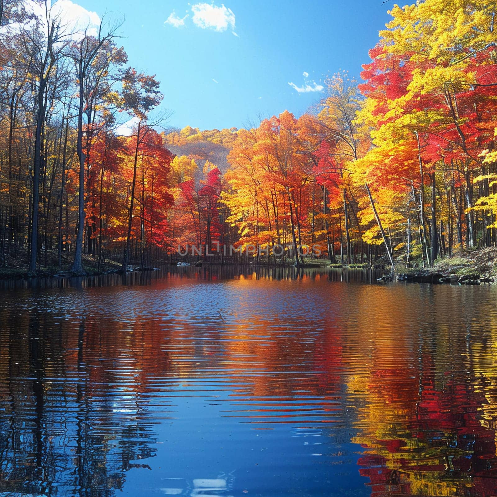 Vivid autumn colors reflected in a still lake by Benzoix