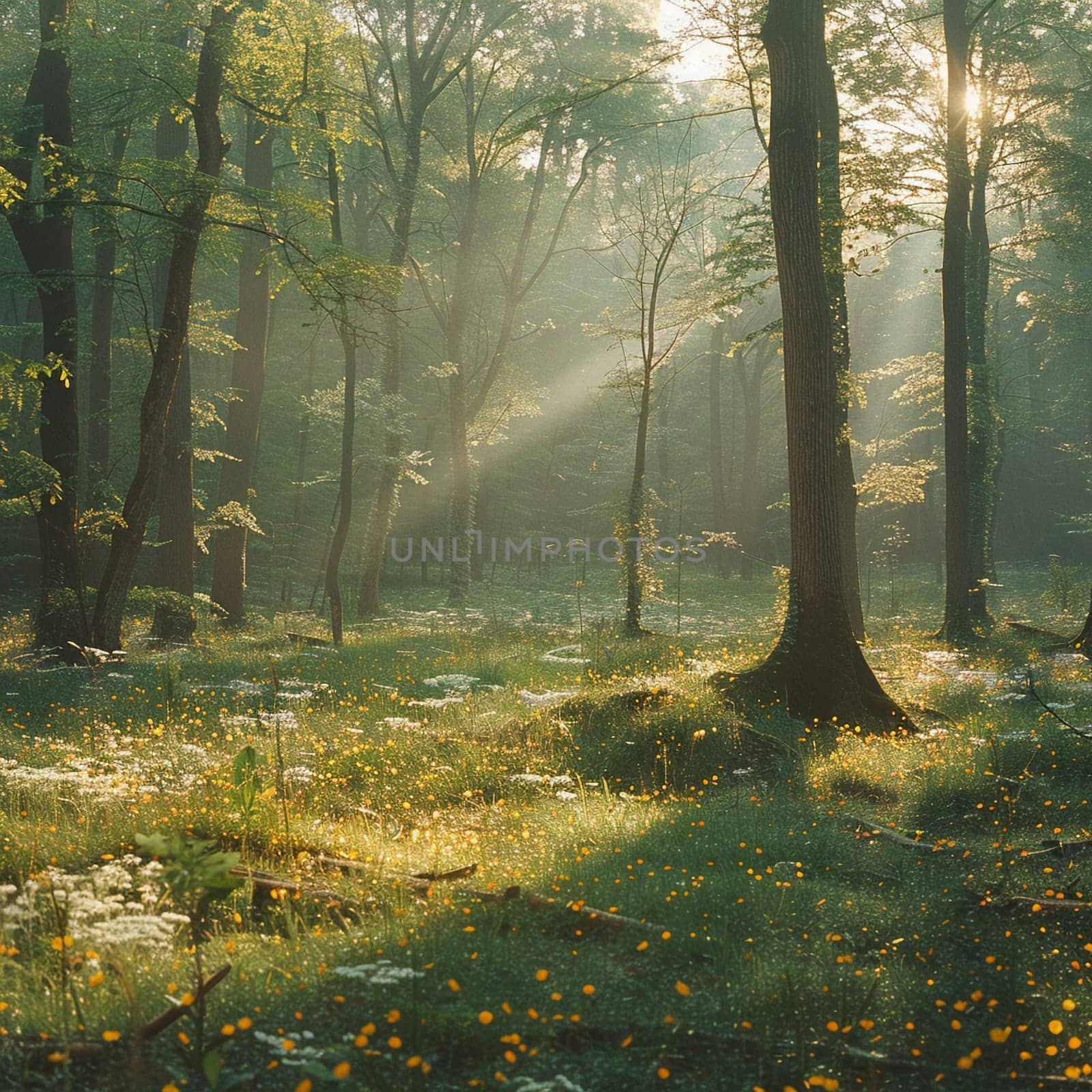 A peaceful forest clearing bathed in sunlight by Benzoix