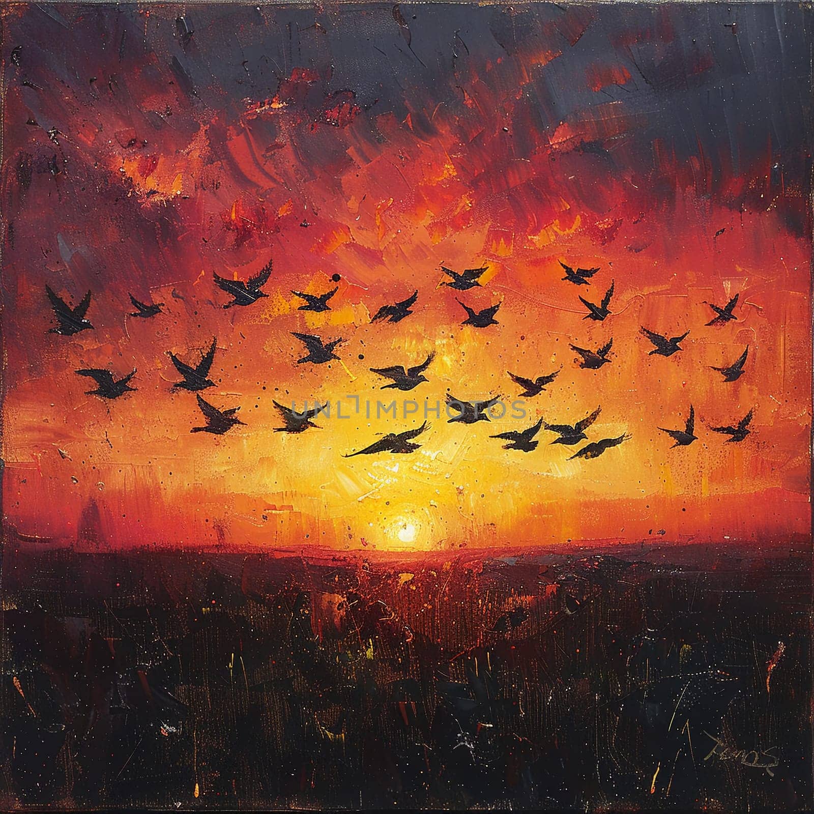 Silhouettes of birds flying across a painted sky at dawn by Benzoix