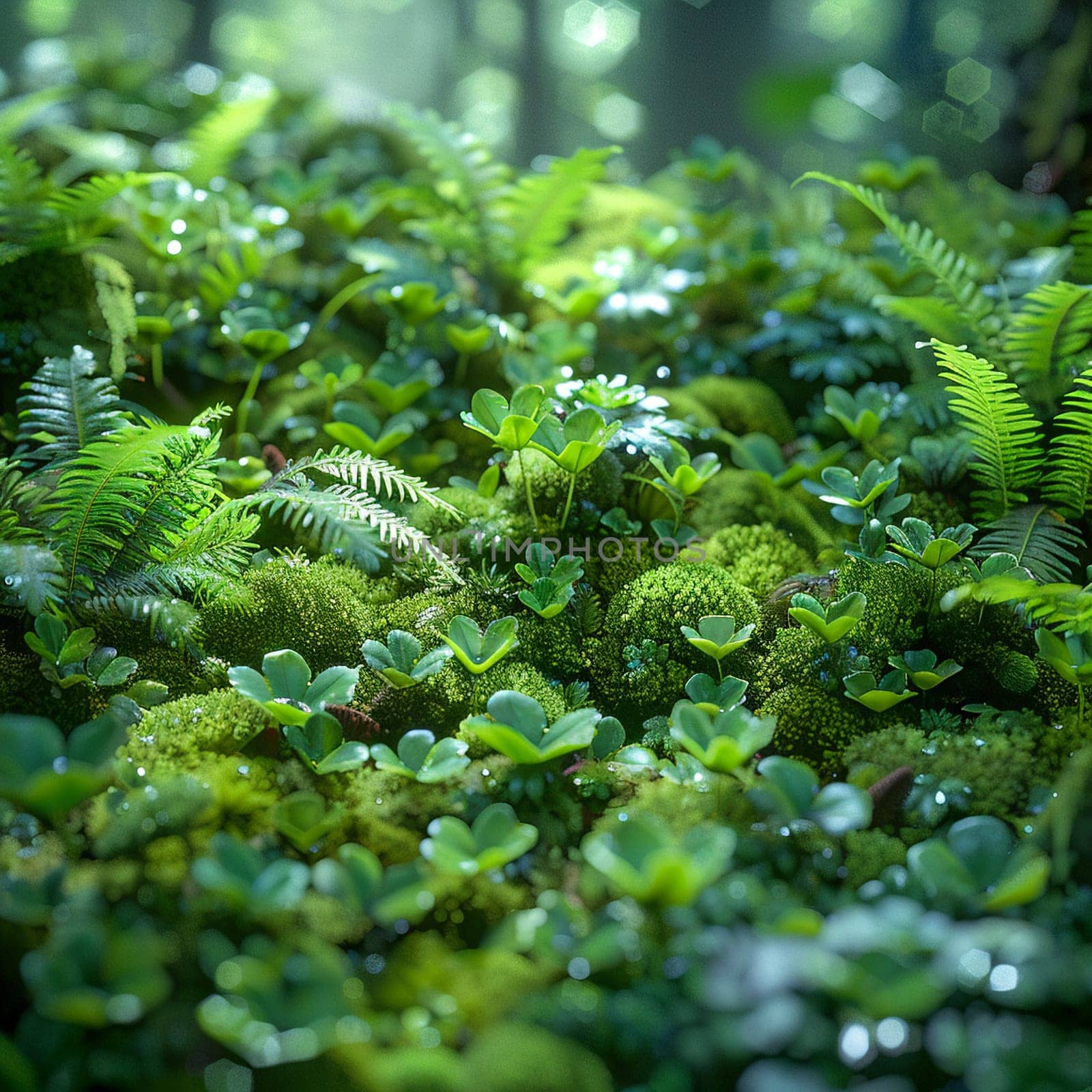 Close-up of moss and ferns in a dense forest by Benzoix