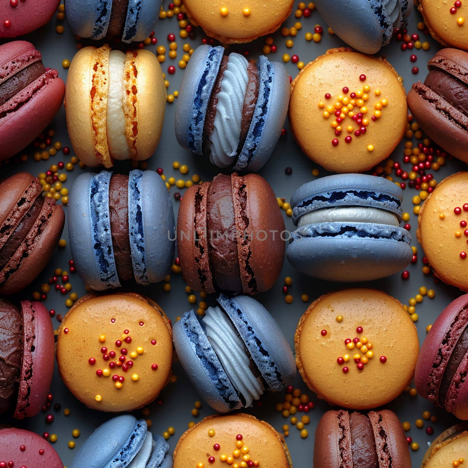 Close-up of colorful macarons arranged in a pattern by Benzoix