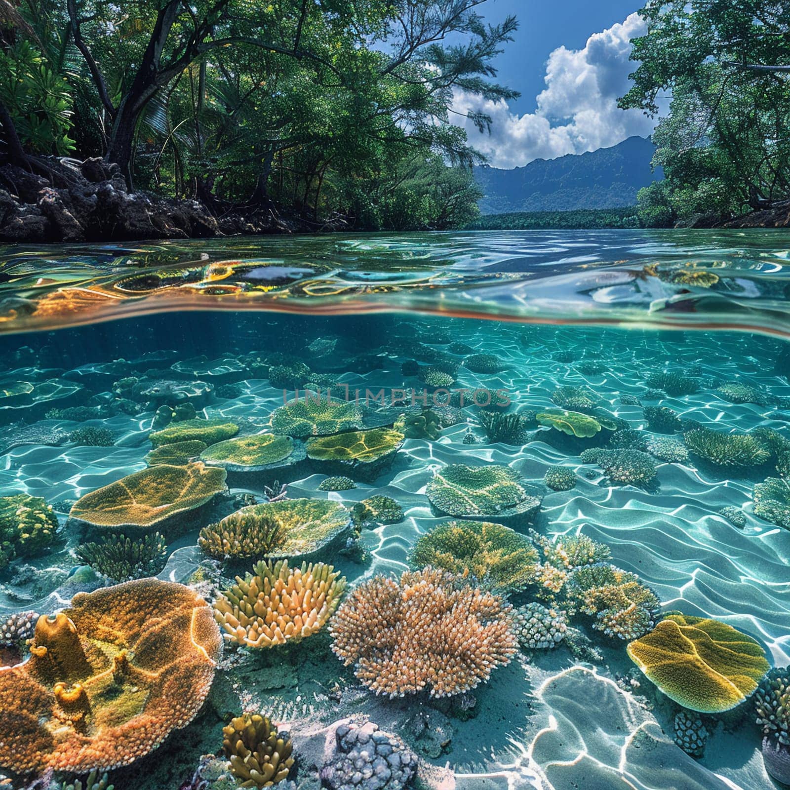 Shallow coral reef with clear water above, capturing tropical marine ecosystems.