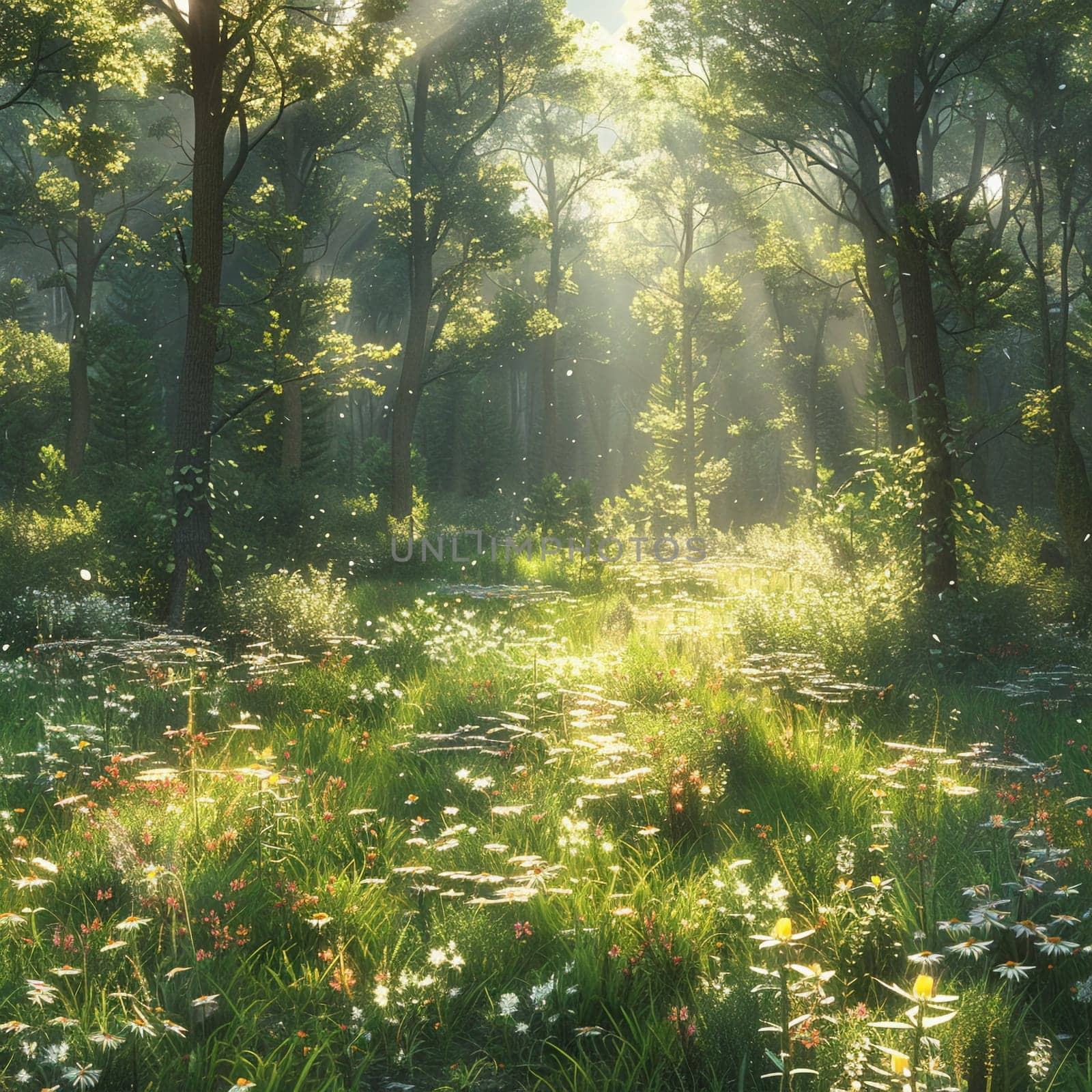 A peaceful forest clearing bathed in sunlight, offering a sanctuary in nature.