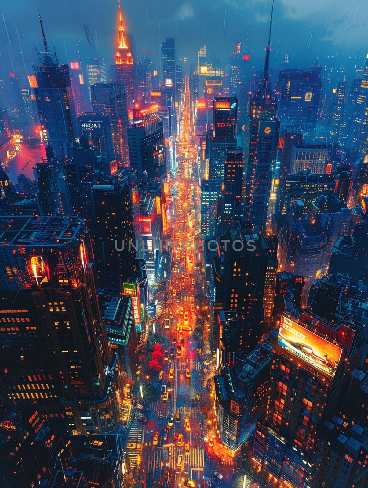 A bustling city view from above illuminated by lights at twilight by Benzoix