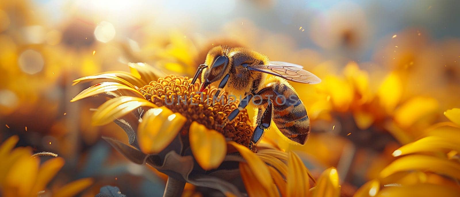 Close-up of a bee on a sunflower, representing nature, pollination, and summer themes.