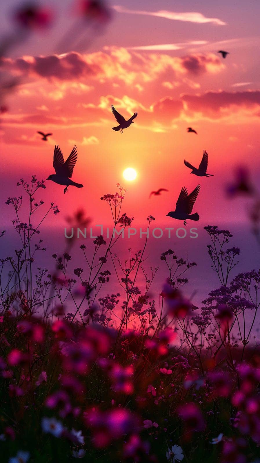 Silhouette of birds flying at dusk, representing freedom and the beauty of nature.