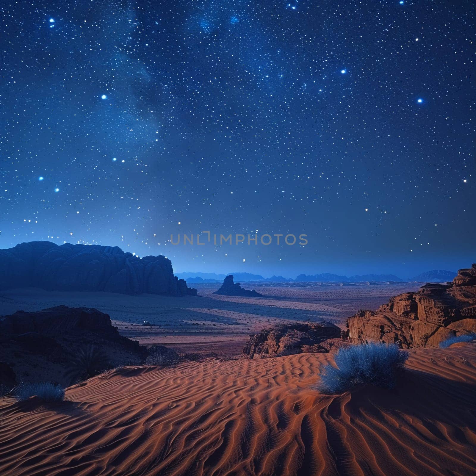 Stars trailing in the night sky over a silent desert by Benzoix