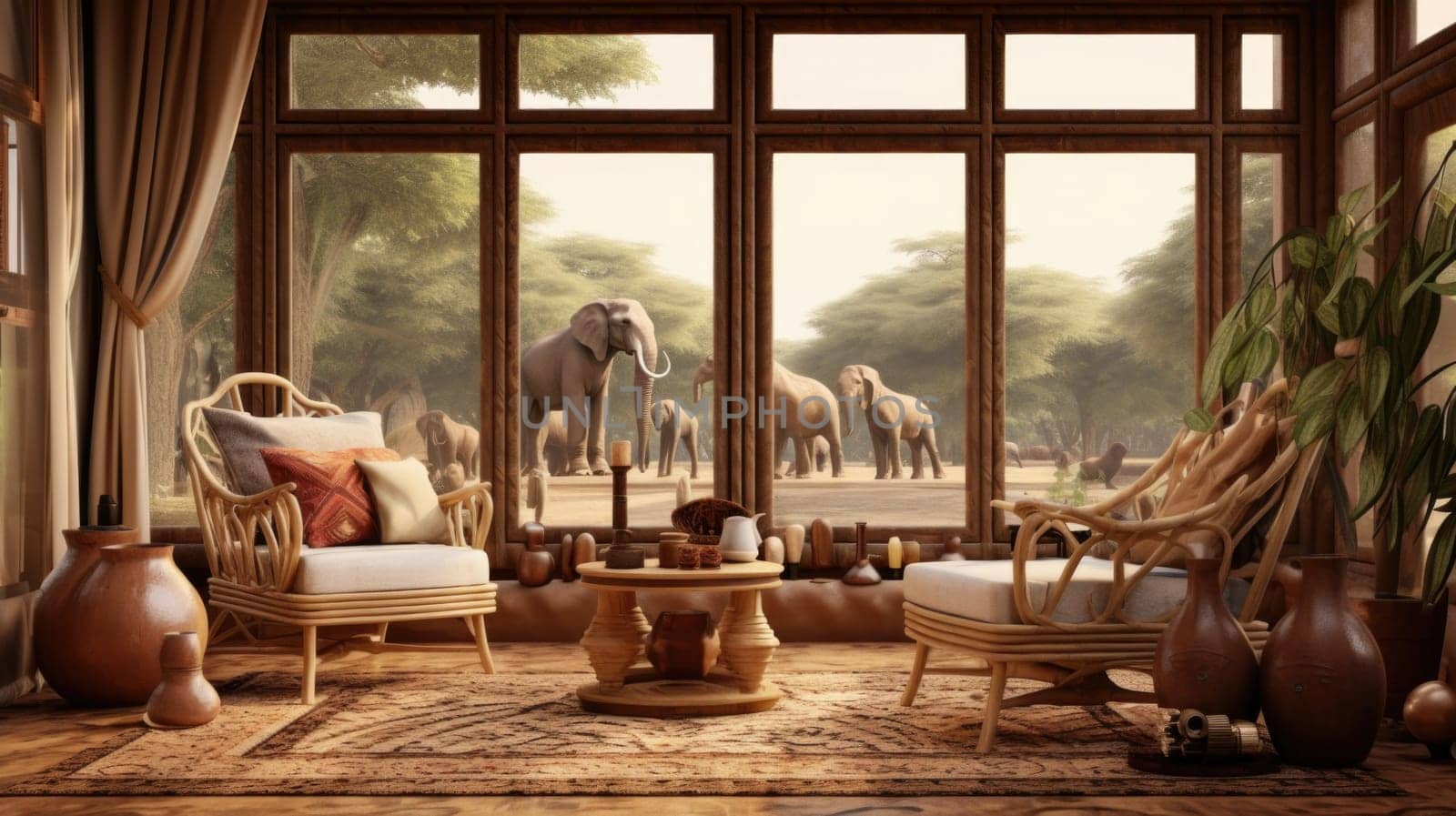 The composition of the cozy interior of the living room in an African style with a large window on the background of savannah and animals.