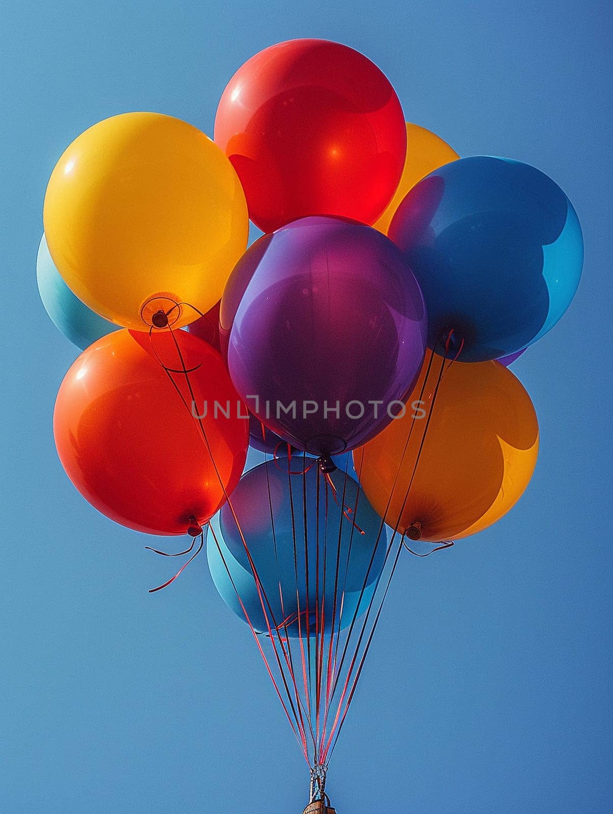 Balloons flying high in a clear blue sky, ideal for freedom and celebration themes.