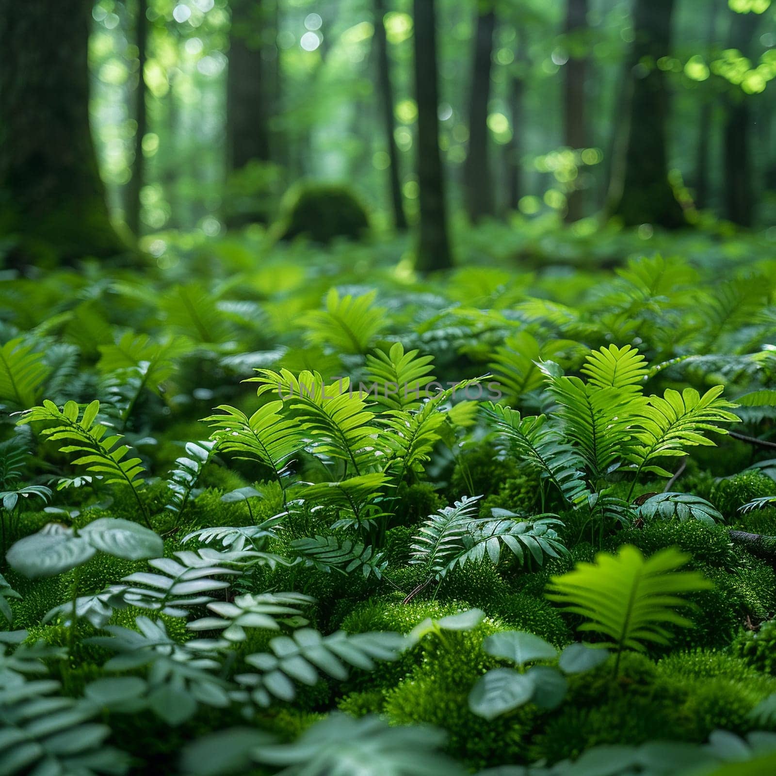 Close-up of moss and ferns in a dense forest by Benzoix