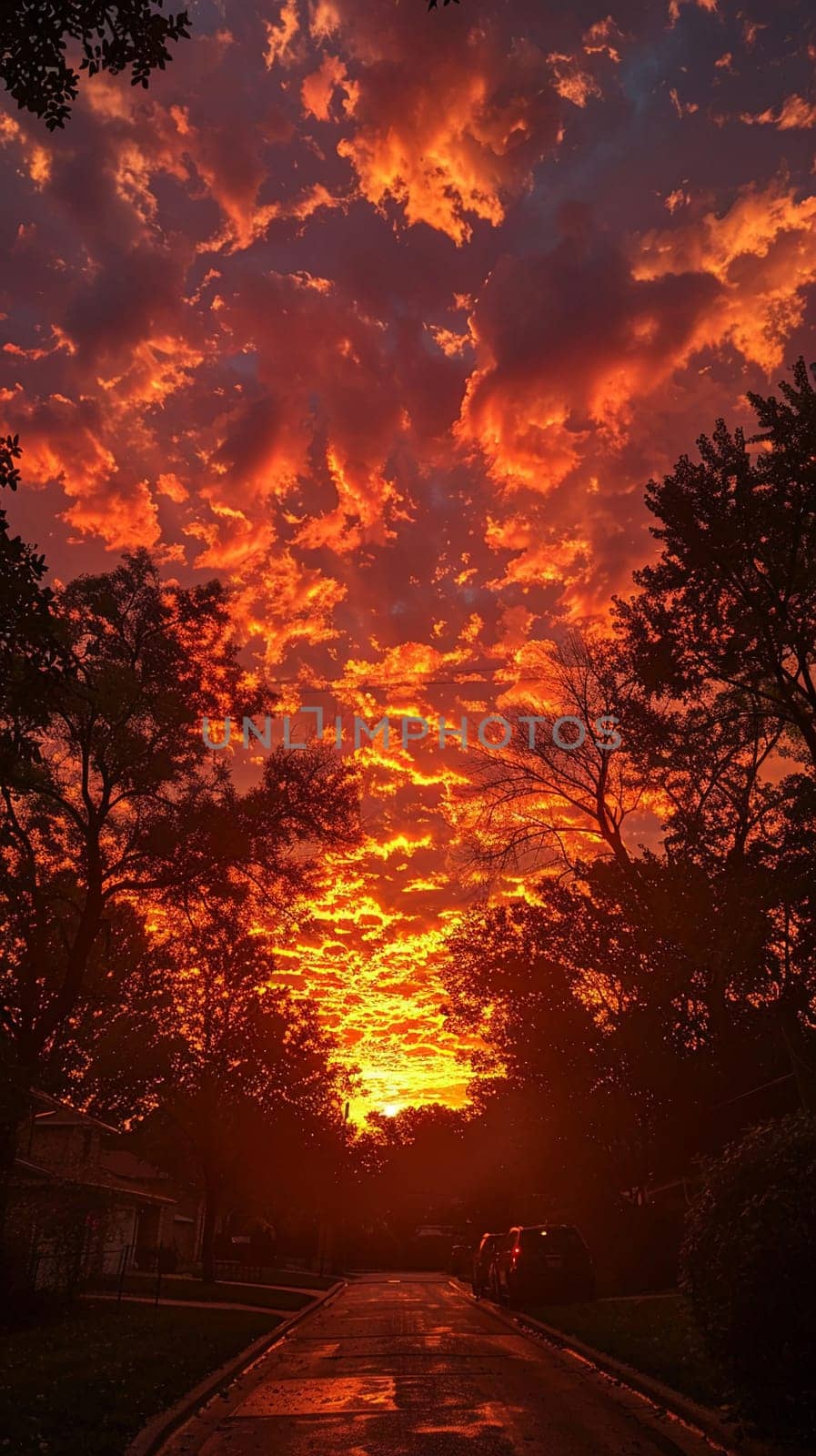 The fiery glow of a sunset behind a silhouette of trees, capturing the end of a day.