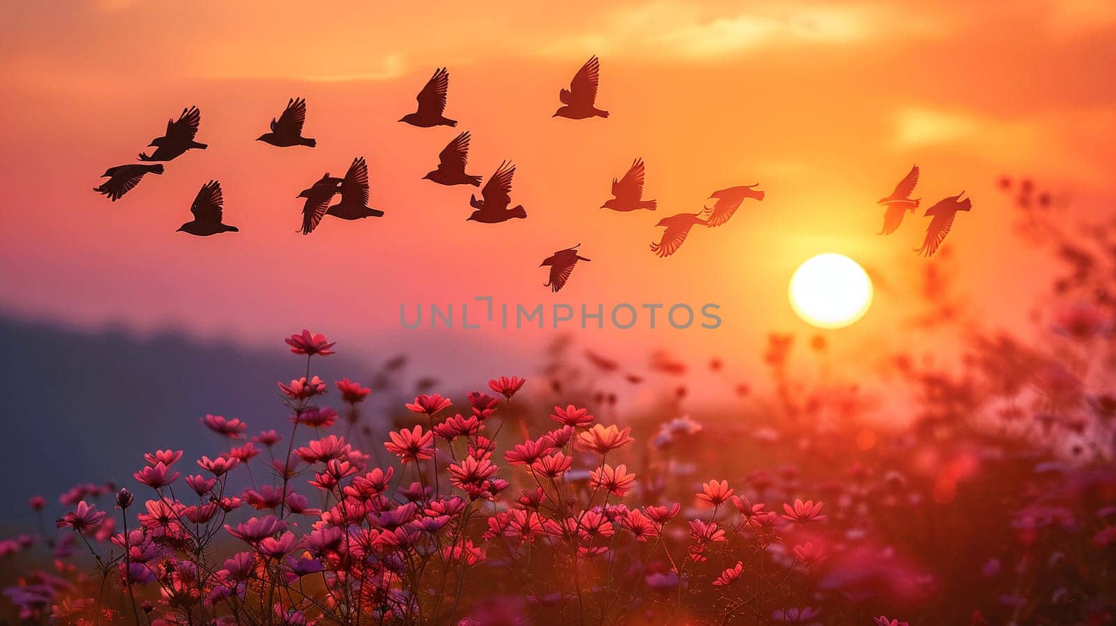 Silhouette of birds flying at dusk by Benzoix