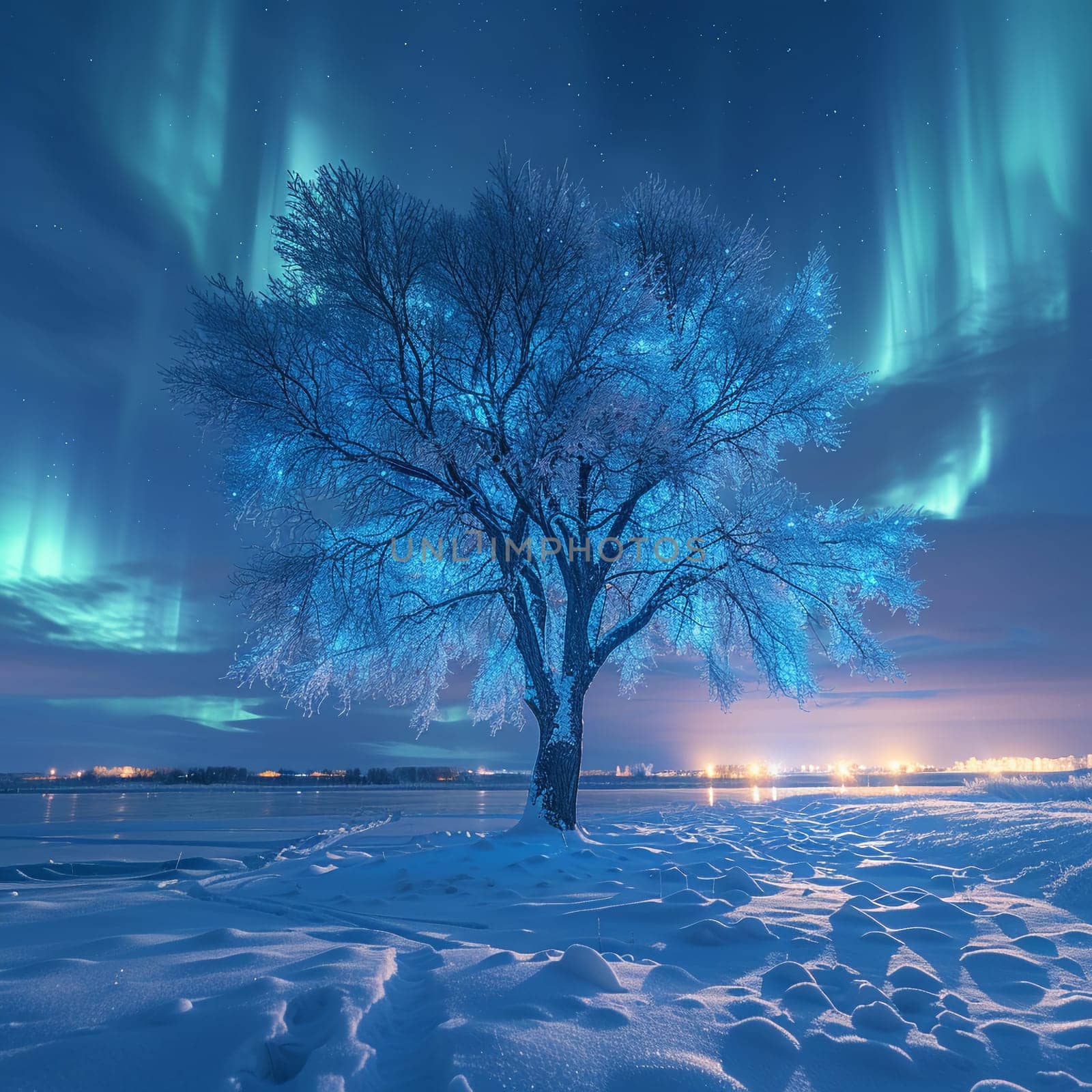 Lone tree in a snowy field under northern lights by Benzoix