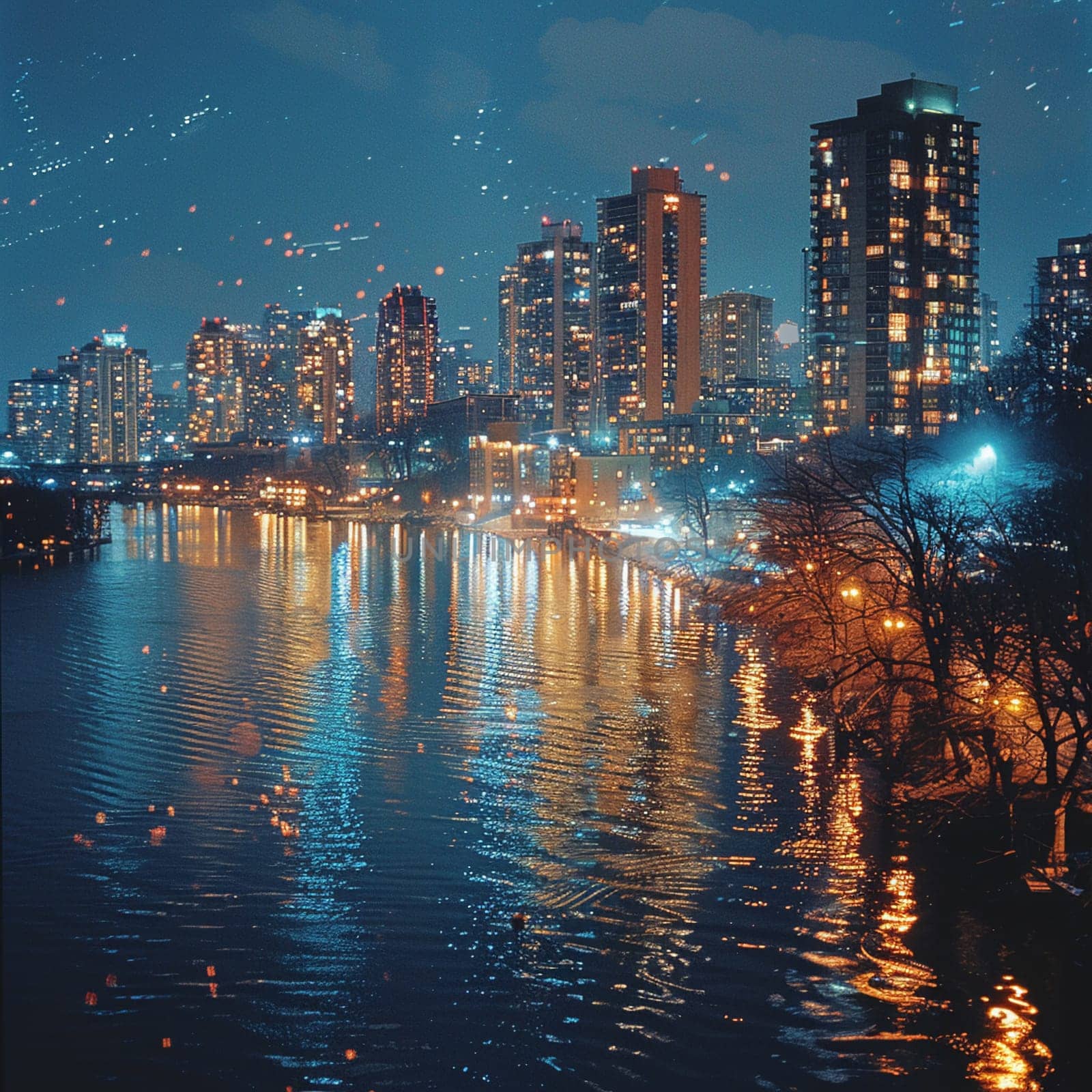 Shimmering city lights reflecting on a river at night, illustrating urban beauty and stillness.