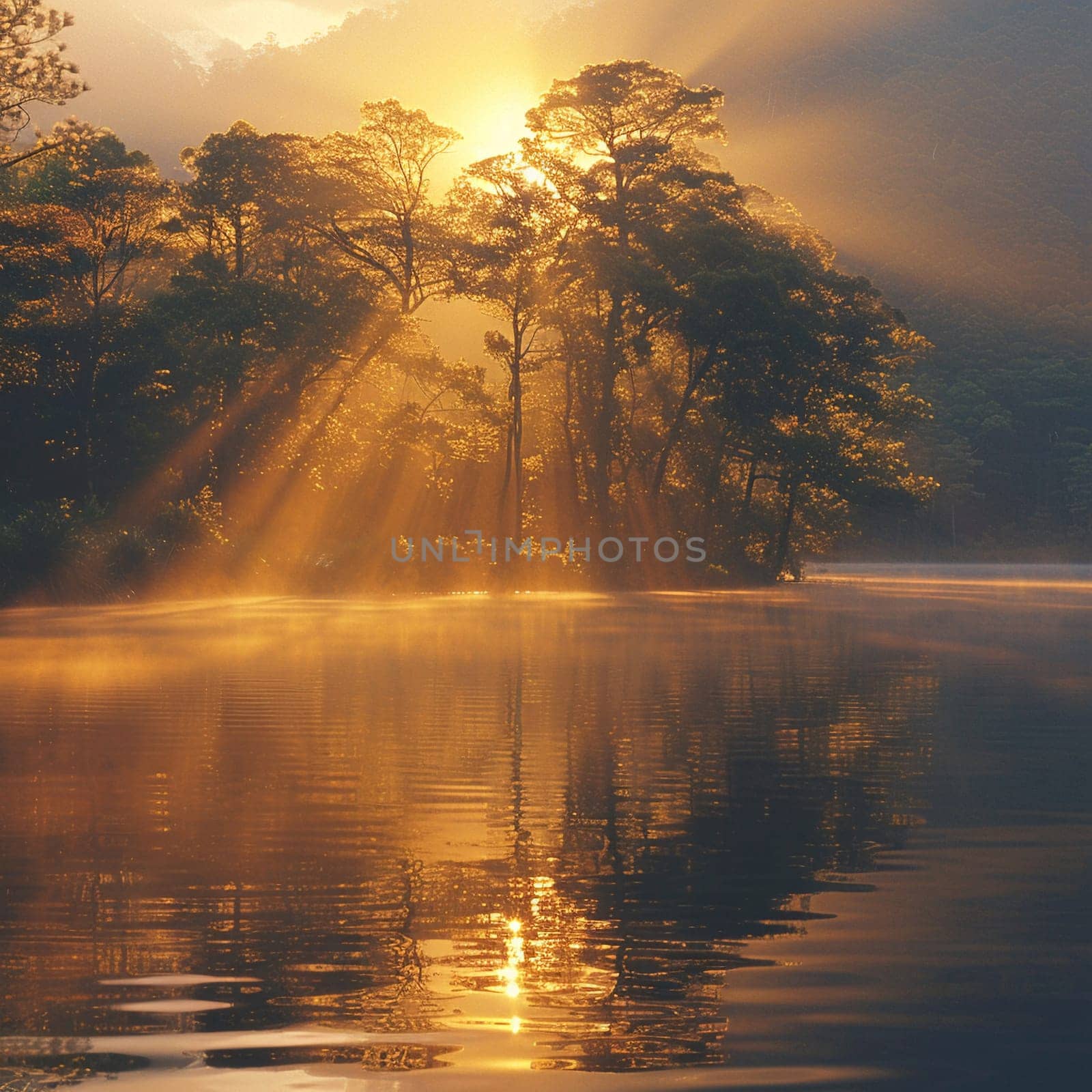 Golden sunlight on a tranquil lake, ideal for peaceful and reflective design themes.