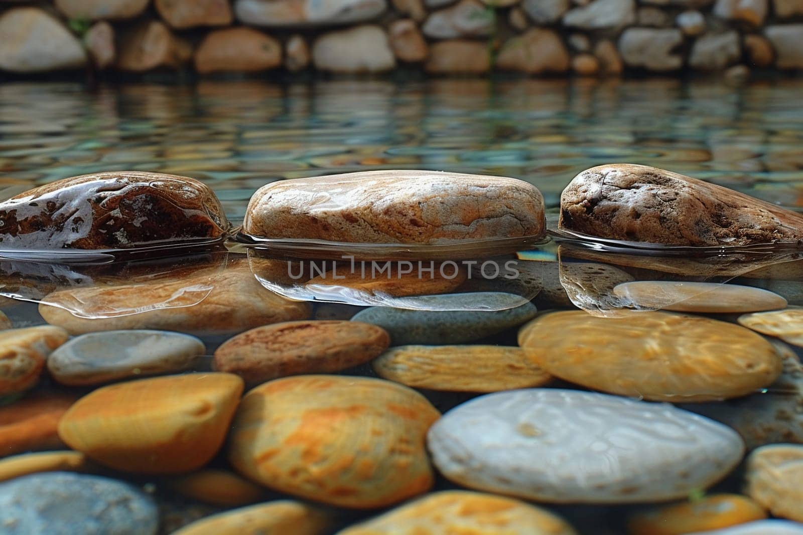 Smooth pebbles under clear stream water by Benzoix