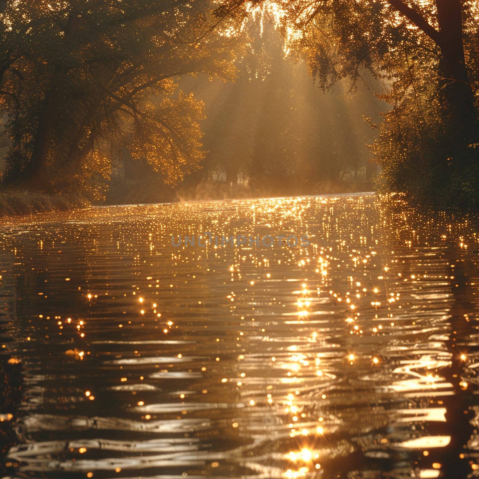 Golden sunlight on a tranquil lake by Benzoix