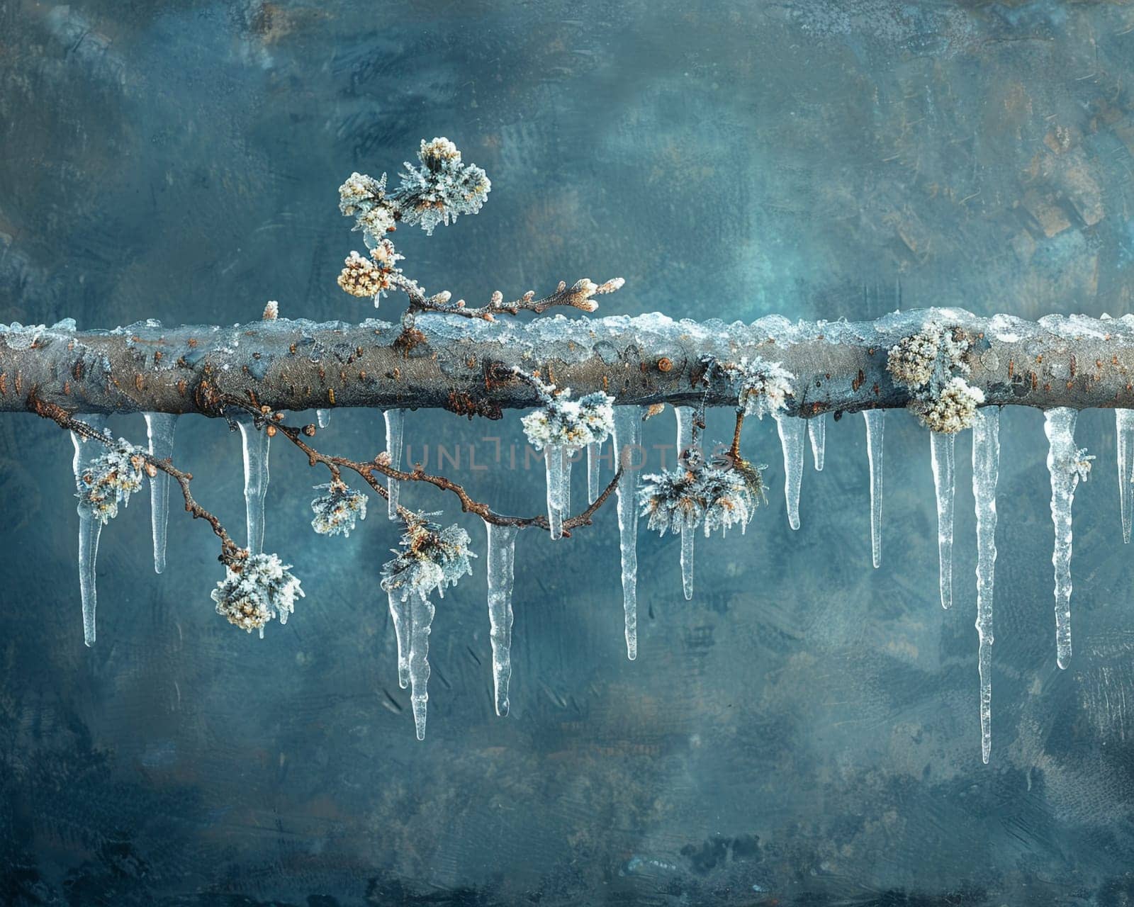 Frozen icicles hanging from a branch, capturing winter's chill and beauty.