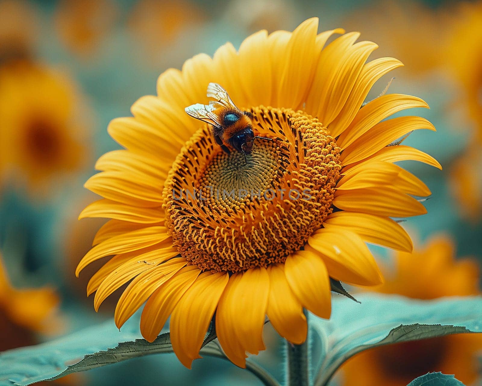 Close-up of a bee on a sunflower representing nature by Benzoix