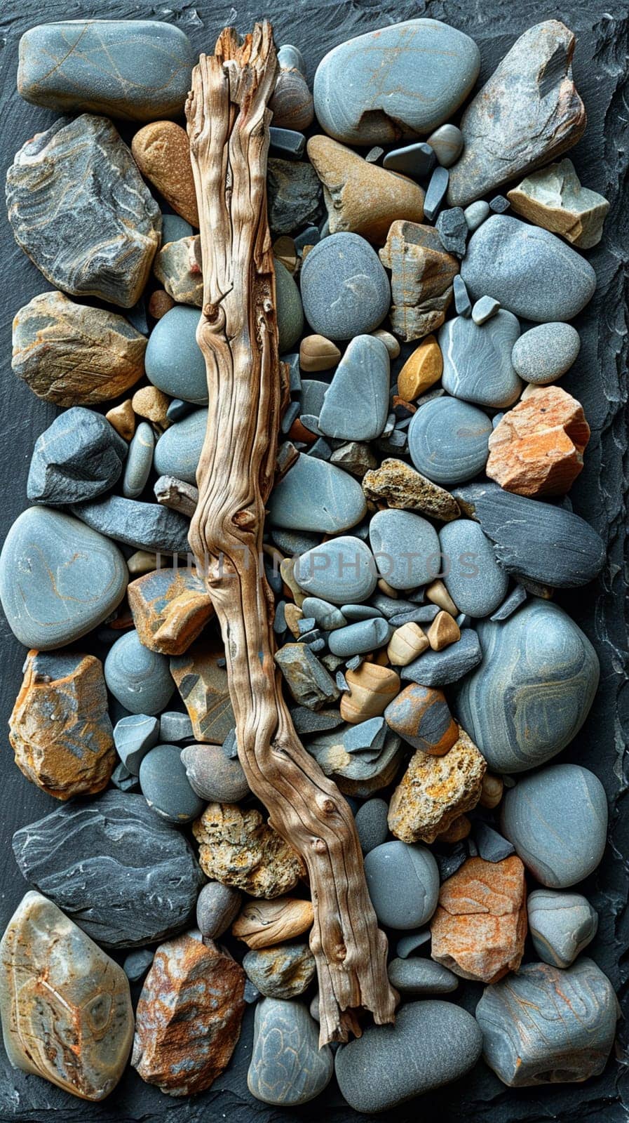 The contrasting textures of smooth pebbles and rough driftwood on a beach by Benzoix