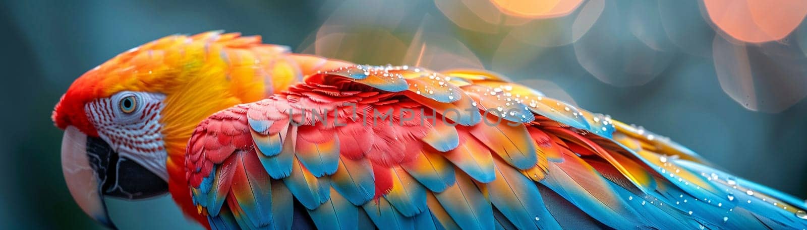 Close-up of a colorful parrot's feathers, great for vibrant and exotic projects.